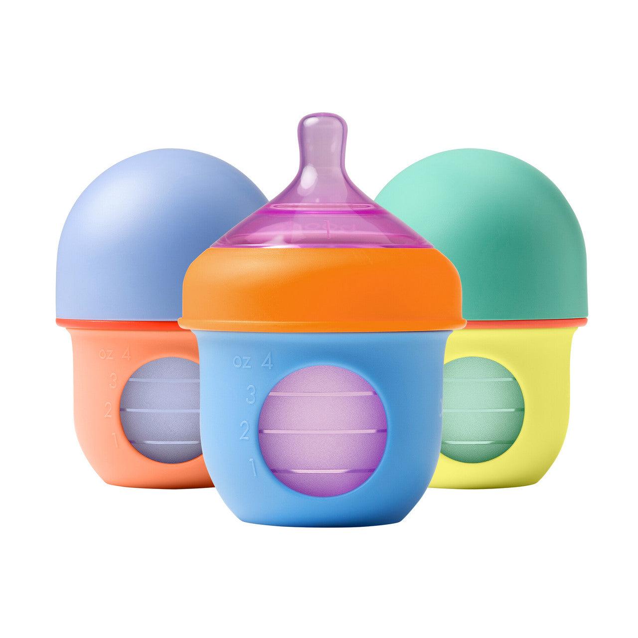 Boon NURSH Silicone Pouch Bottle 4oz/120ml - 3 Pack Assorted Colors | Leak-Proof Baby Feeding Bottle for Travel, Daycare & On-the-Go