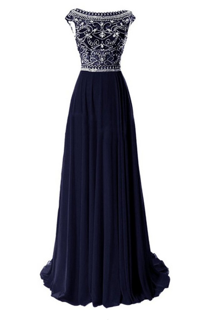 Emanni Women's Luxury Beaded Sequin Long Formal Evening Dress - Navy Blue Size 12 | Elegant Prom Gown, Cocktail Party Dress, Wedding Guest Attire for Special Occasions