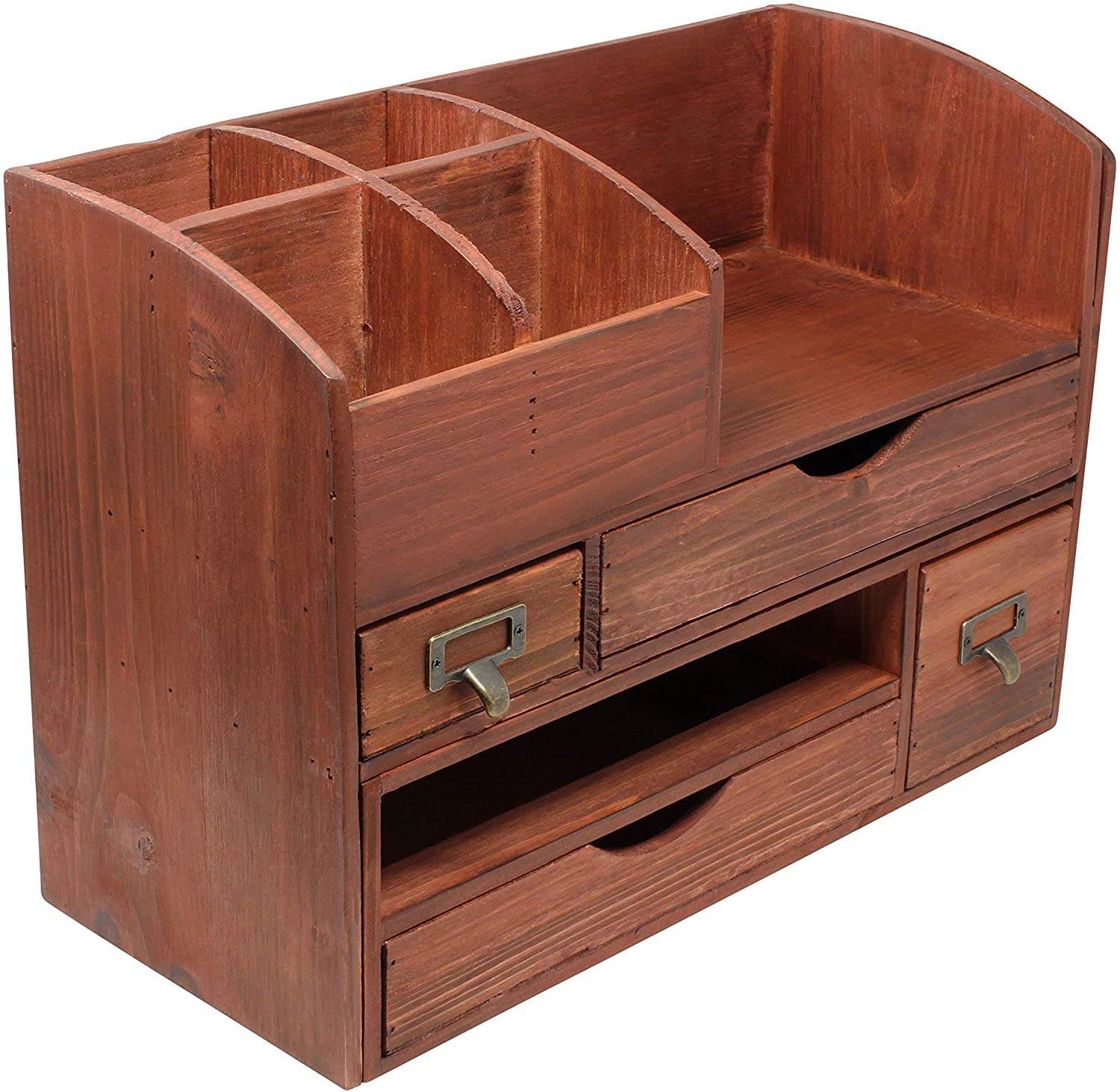 Premium Adjustable Wooden Desk Organizer - Cherry Wood Storage Shelf for Office Supplies, Mail & Accessories - Perfect for Home Office, Workspace & Countertop Organization