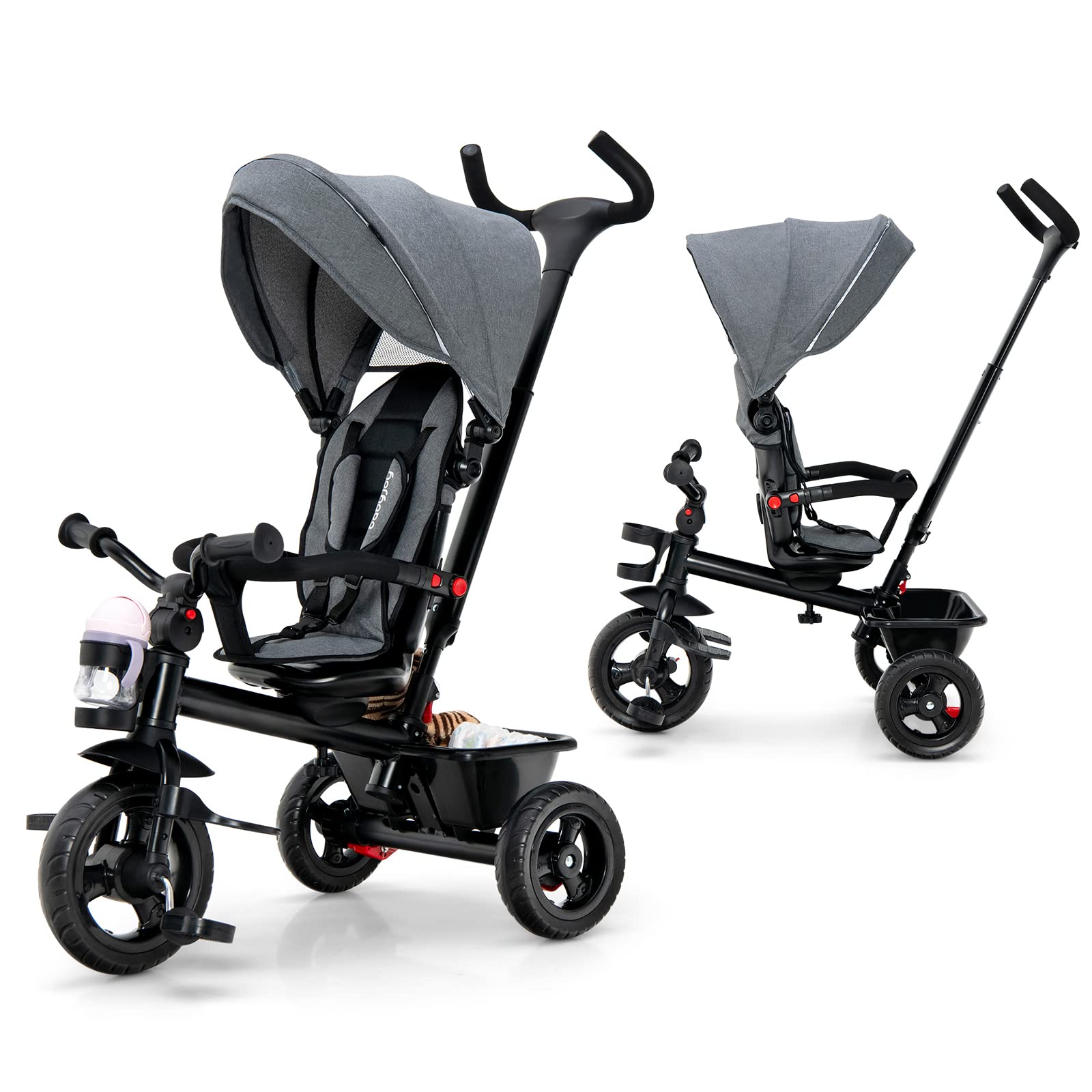 BABY JOY 5-in-1 Toddler Tricycle with Removable Push Handle, Reversible Seat & Adjustable Canopy - EVA Wheels, Cup Holder & Storage - Perfect First Bike for Kids 1.5-5 Years Old (Grey) - Great for Outdoor Play, Park Rides & Learning Balance