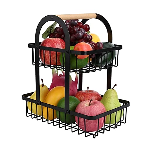 2-Tier Metal Fruit Basket Stand with Wooden Handle - Detachable Kitchen Organizer for Fruits & Vegetables | Black Desktop Storage Rack for Dining Table, Countertop, and Party Serving