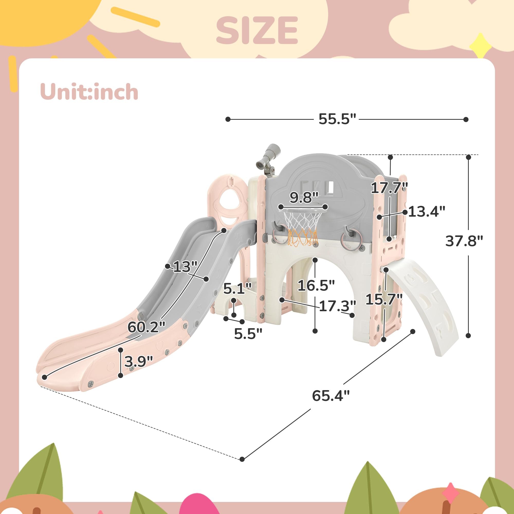 7 in 1 Toddler Slide Playset - Indoor/Outdoor Climbing Toys for Kids Ages 1-3 with Ring Toss, Basketball Hoop & Telescope - Pink Playground Equipment for Backyard, Nursery & Daycare Fun