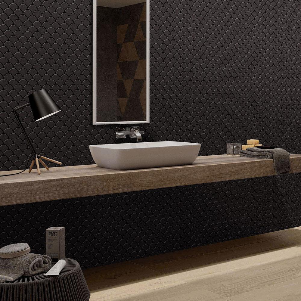 Crystal Black 74.5x70 Matt Fish Scale Tile (per Sheet) - Perfect for Bathroom Backsplash, Kitchen Wall Decor, and Modern Interior Design