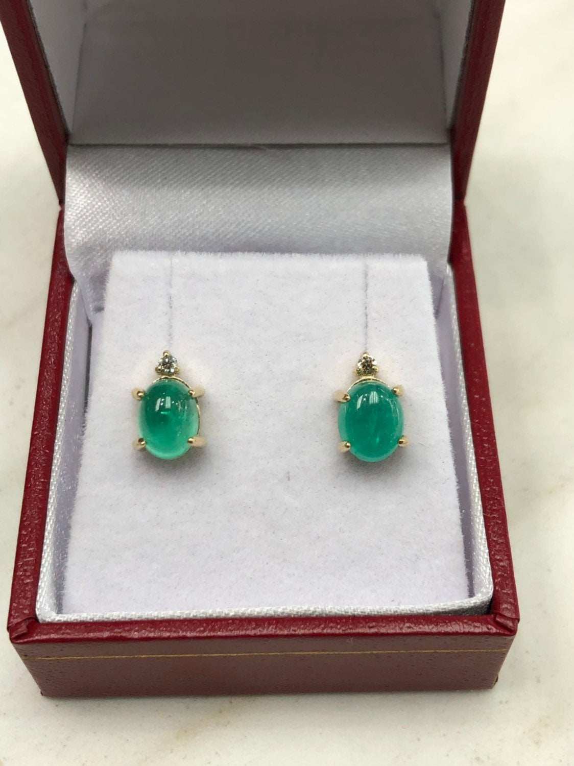 3.10tcw Cabochon Emerald & Diamond Stud Earrings in 14K Gold - Elegant Jewelry for Women, Perfect for Weddings, Parties & Special Occasions