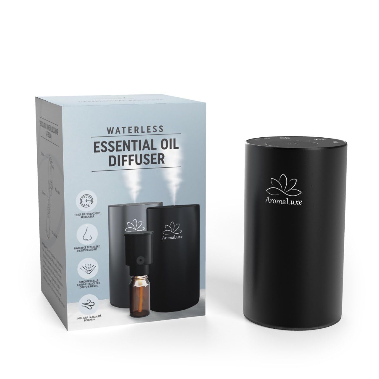 AromaLuxe - Rechargeable USB-C Battery Operated Essential Oil Diffuser, No Water Needed, Adjustable Intensity & Timer, Durable Aluminum Design, Black - Perfect for Home, Office, and Car Use