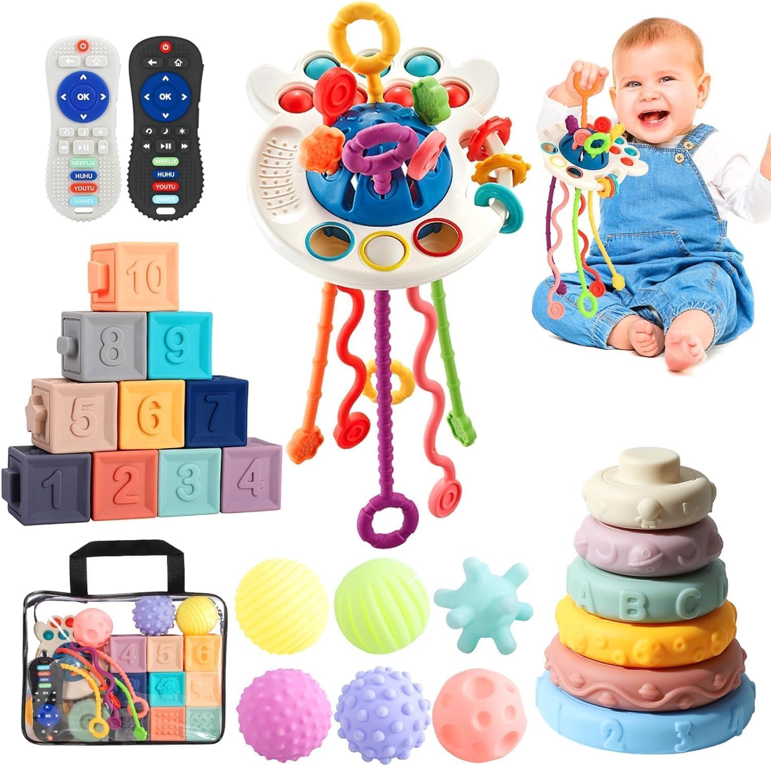 5-in-1 Montessori Baby Toys for 0-12 Months | BPA-Free Sensory Teething Blocks with Numbers & Animals | 10 Textured Silicone Toddler Toys | Easy Clean & Travel Bag Included | Perfect for Early Learning, Teething Relief & On-the-Go Playtime
