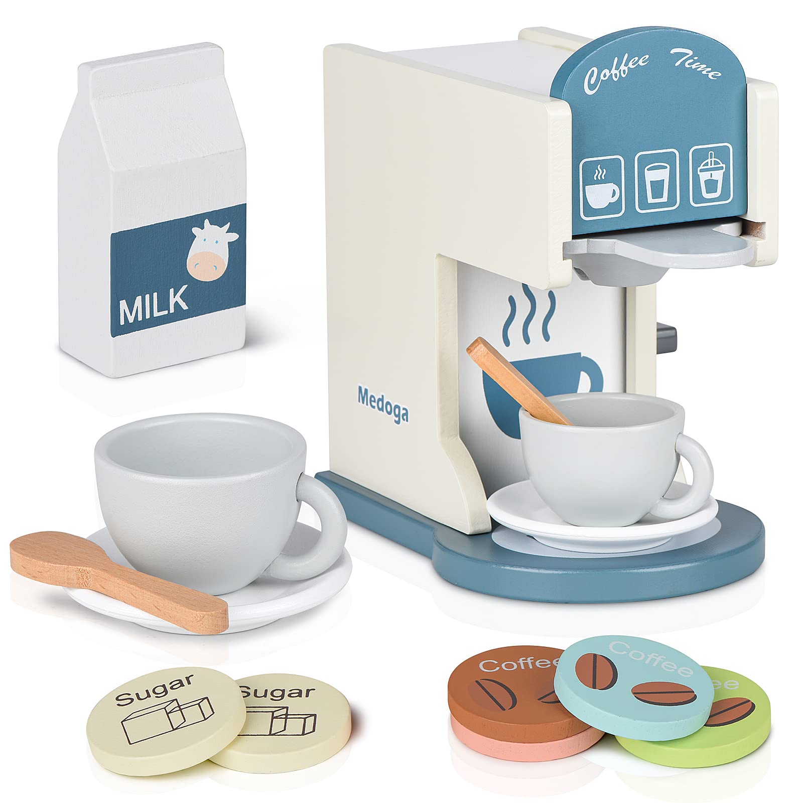 Wooden Toy Coffee Maker for Kids - Pretend Play Espresso Machine, Kitchen Accessories for Girls & Boys (White) - Perfect for Imaginative Play, Role-Playing Games & Early Learning Development