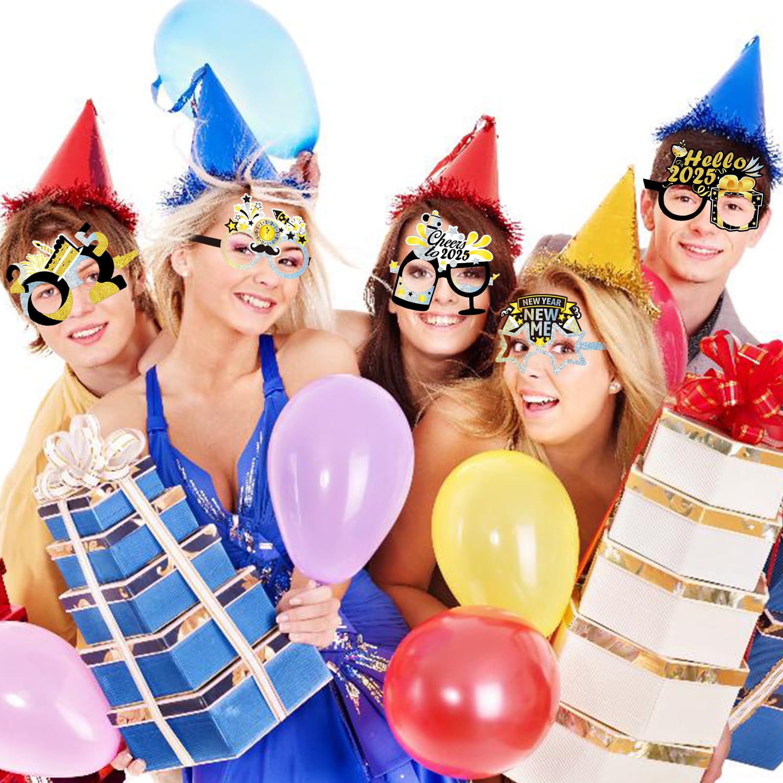 26Pcs Happy New Year 2025 Party Glasses - Black Gold Silver Funny Photo Booth Props & Eve Decoration Supplies for New Year's Eve Parties, Countdown Events & Celebrations