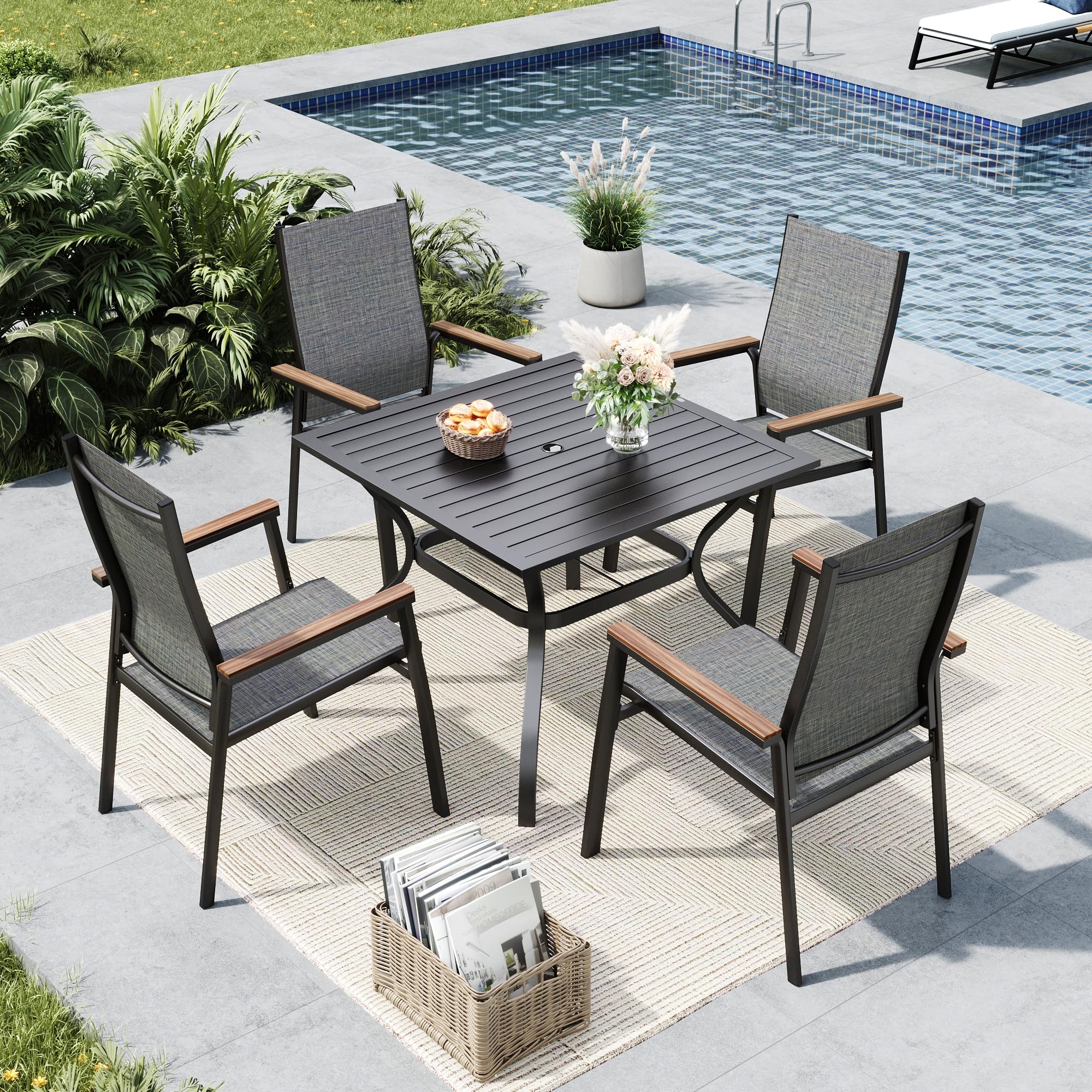 MFSTUDIO 5-Piece Outdoor Patio Dining Set - 4 Stackable Aluminum Armchairs (Grey) & 1 Heavy Duty Square Table - Weather-Resistant Backyard, Garden, Poolside Furniture for Dining & Relaxing
