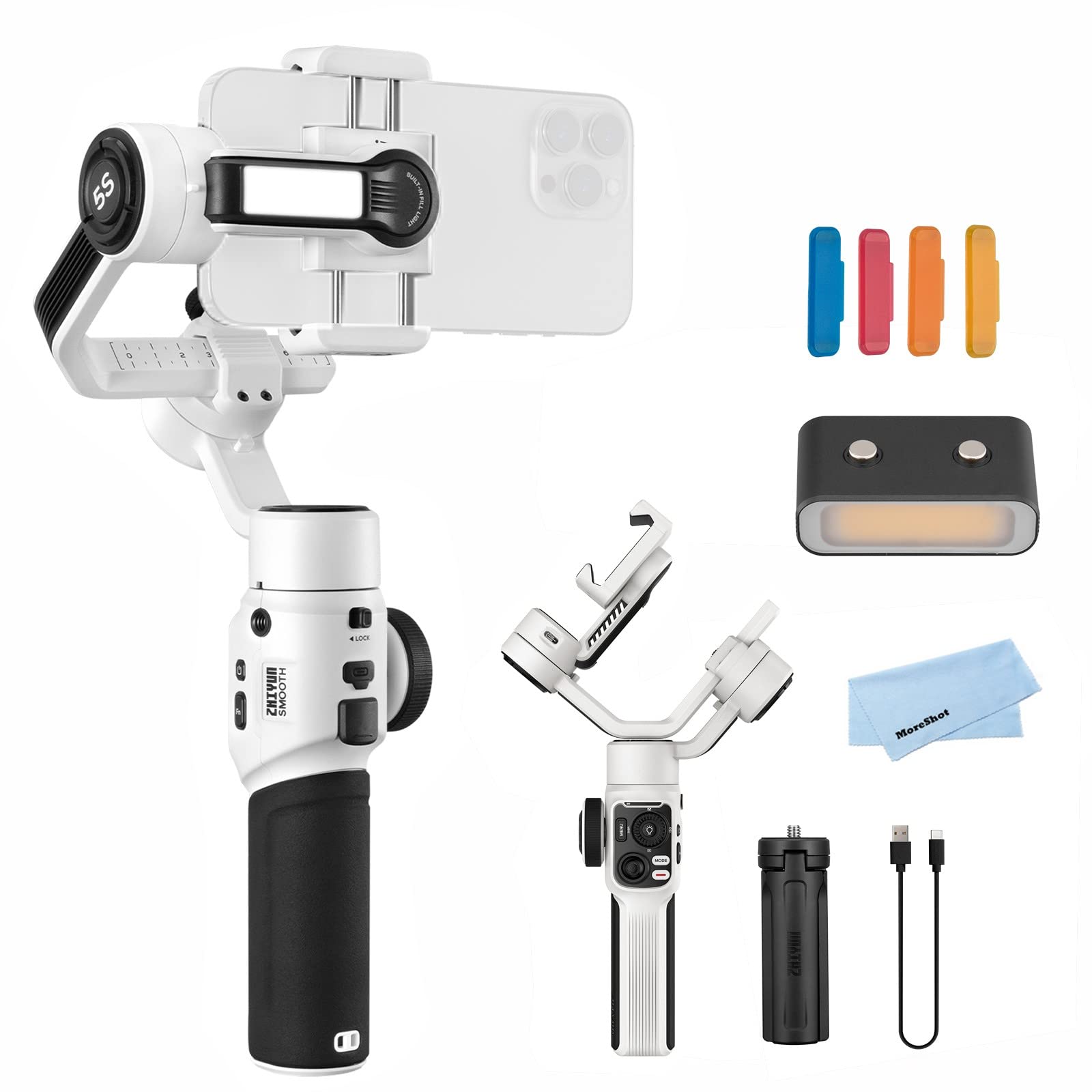 ZHIYUN Smooth 5S White Smartphone Gimbal Stabilizer for iPhone 14/13/12/11/SE & Samsung Android - 3-Axis Handheld Stabilizer with Mini LED Light for YouTube TikTok Vlogging, Live Streaming & Travel Videography