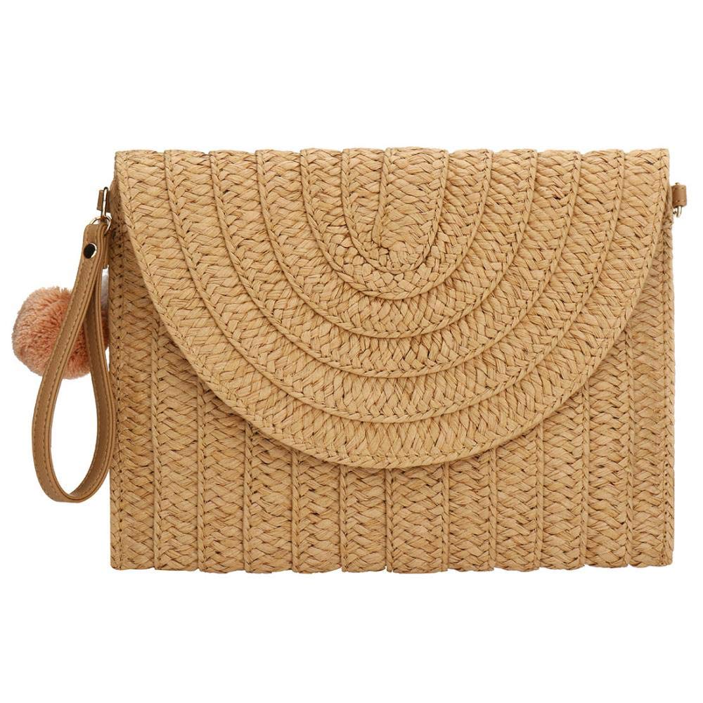 Natural Straw Clutch Shoulder Bag for Women - Woven Large Purse Handbag (Khaki) | Beach Wedding, Summer Vacation & Boho Style Accessory