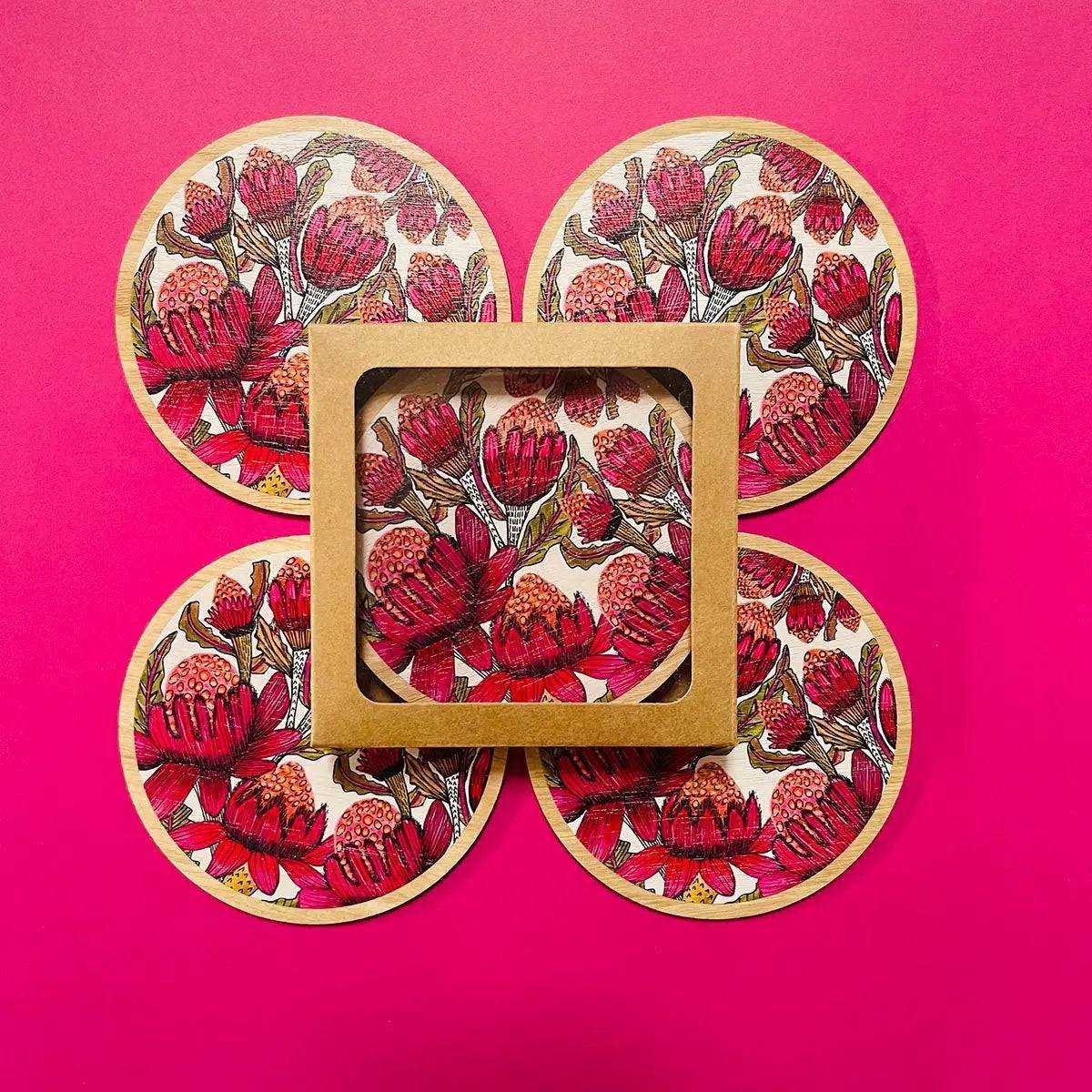 Waratah Flowers Coaster and Napkin Set - 6-Piece Floral Tableware for Dining, Kitchen, and Party Decor - Perfect for Home, Wedding, and Special Occasions