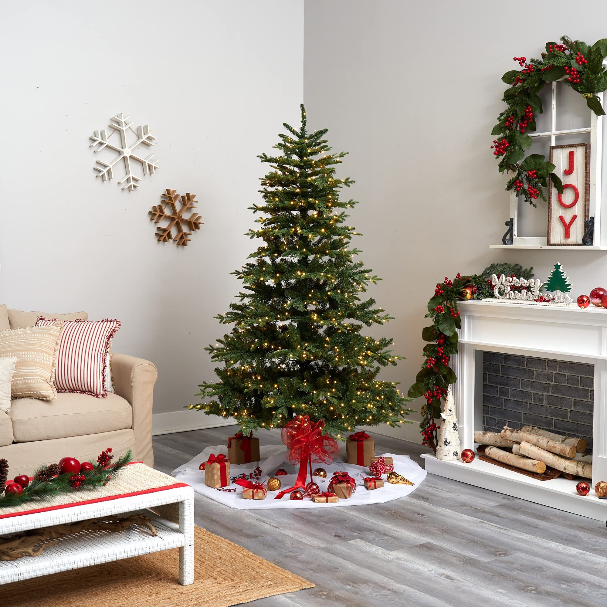 Nearly Natural 7ft Montreal Spruce Artificial Christmas Tree - 650 Warm White LED Lights & 1575 Bendable Branches | Perfect for Holiday Home Decor, Office, and Party Celebrations