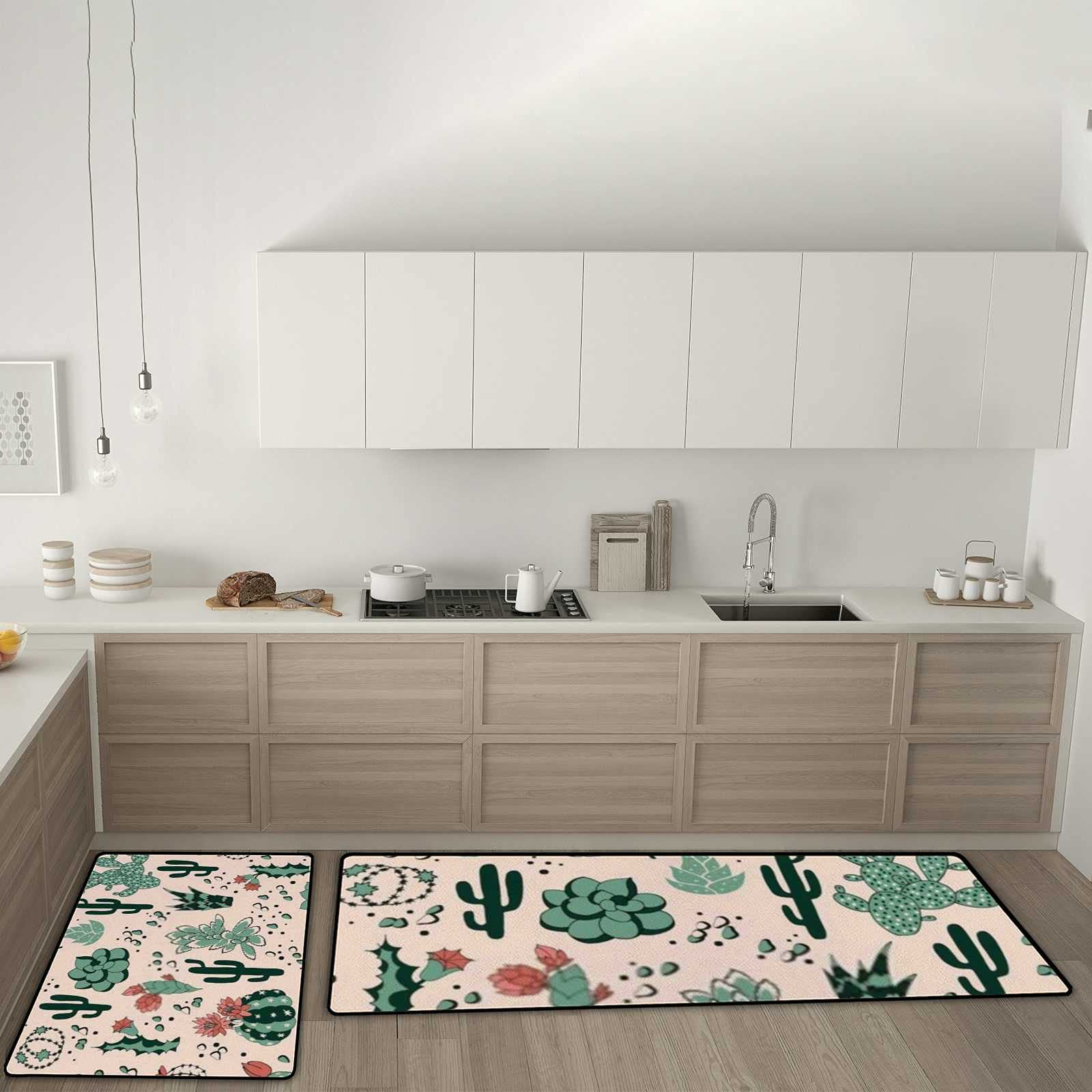 2-Piece Anti-Fatigue Kitchen Rugs Set - Non-Slip Washable Floor Mats with Succulent Flower Design for Comfortable Standing in Home & Kitchen - Perfect for Cooking, Dishwashing & High-Traffic Areas