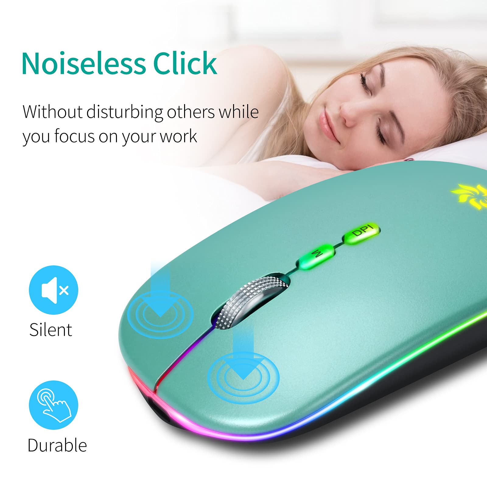KBCASE Slim Silent Wireless Mouse - 2.4G Rechargeable LED Mouse for Laptop, MacBook, iPad, Chromebook with USB & Type-C Receiver - Perfect for Office, Home, and Travel Use