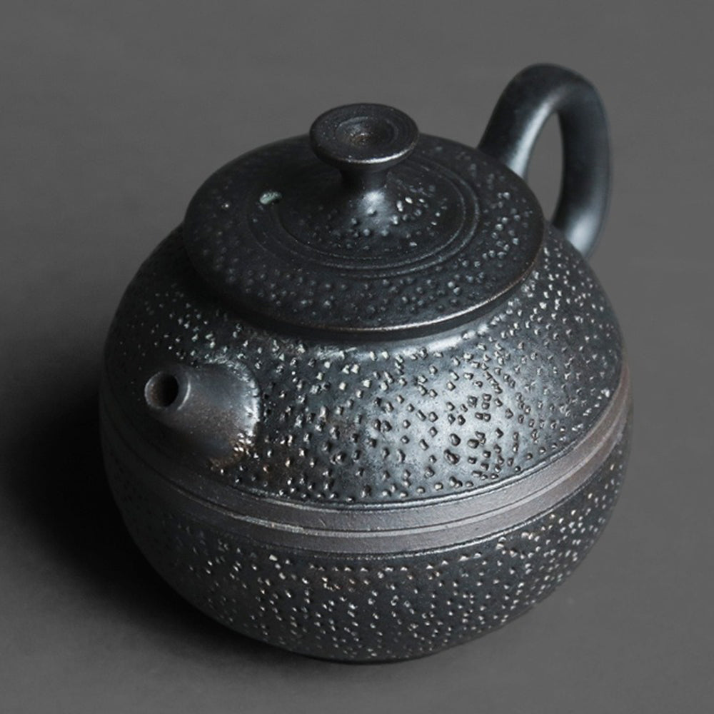 Premium Chinese Black Rock Ore Clay Round Teapot - Handcrafted Yixing Style Ceramic Teapot for Gongfu Tea Brewing | Perfect for Home, Office & Tea Ceremonies
