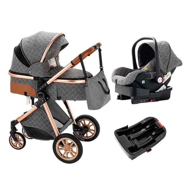 3 in 1 Baby Travel System - Reversible Stroller, Foldable & Portable Pram Buggy for Newborn to Toddler, Luxury Grey Baby Carriage - Perfect for Shopping, Park Walks & Family Outings
