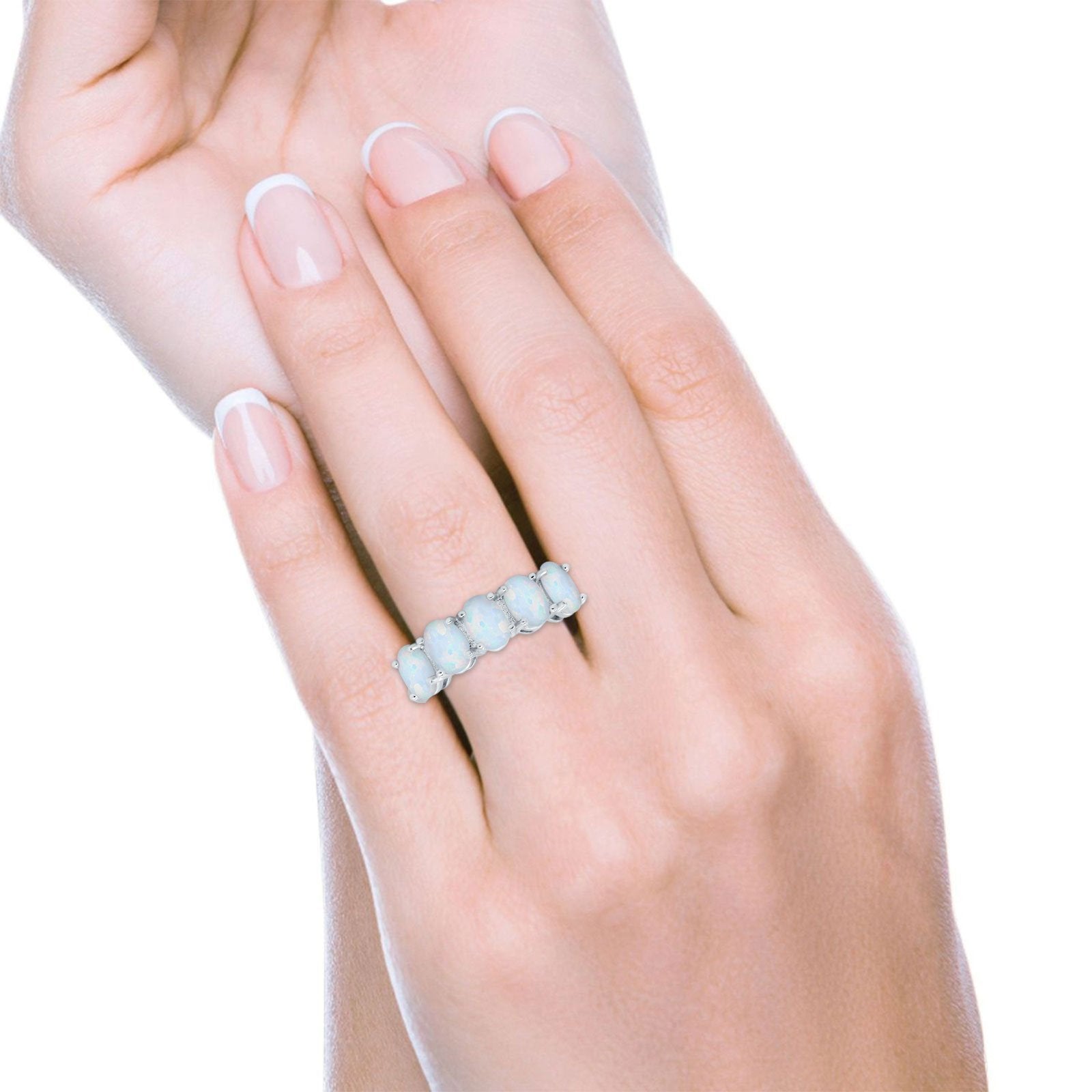 5 Stone Oval Simulated Cubic Zirconia Band Ring - 925 Sterling Silver Wedding Engagement Promise Ring for Women - Perfect for Anniversaries, Proposals & Special Occasions