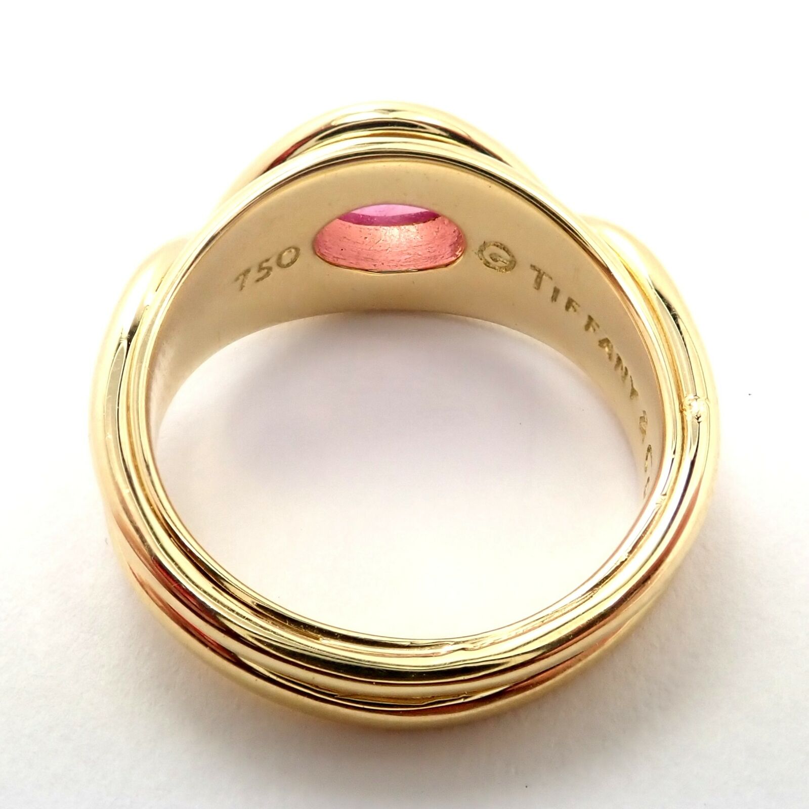Authentic Tiffany & Co 18K Yellow Gold Pink Tourmaline Cabochon Band Ring - Rare Vintage Jewelry for Women, Perfect Gift for Anniversary, Engagement & Special Occasions