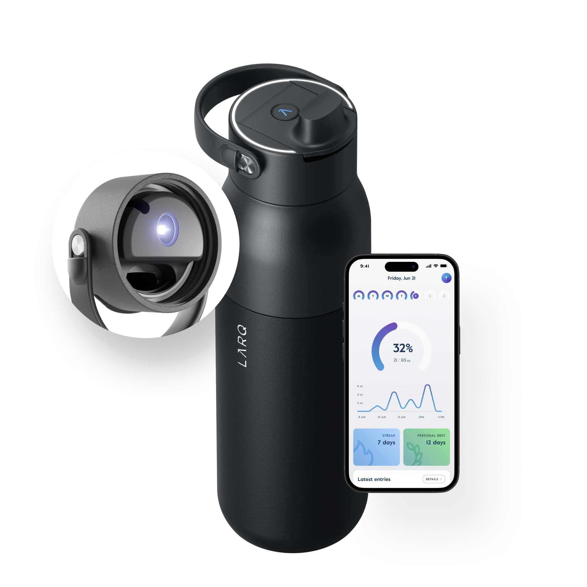 LARQ Bottle PureVis 2 - UV Water Purifier Self-Cleaning Stainless Steel Water Bottle with Hydration Tracking App, Filter Straw & Detachable Handle | Double-Wall Insulated for Hiking, Gym & Travel