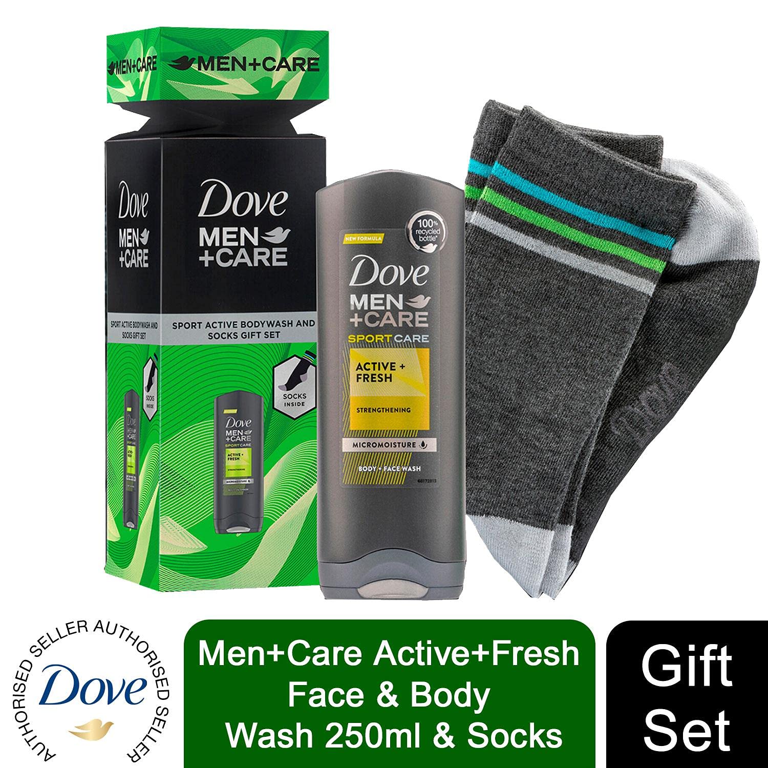 Dove Men+Care Active+Fresh Face & Body Wash 250ml with Socks Gift Set for Men - Perfect for Stocking Stuffers, Secret Santa, or Year-Round Gifting - Ideal for Gym, Travel & Daily Skincare Routine