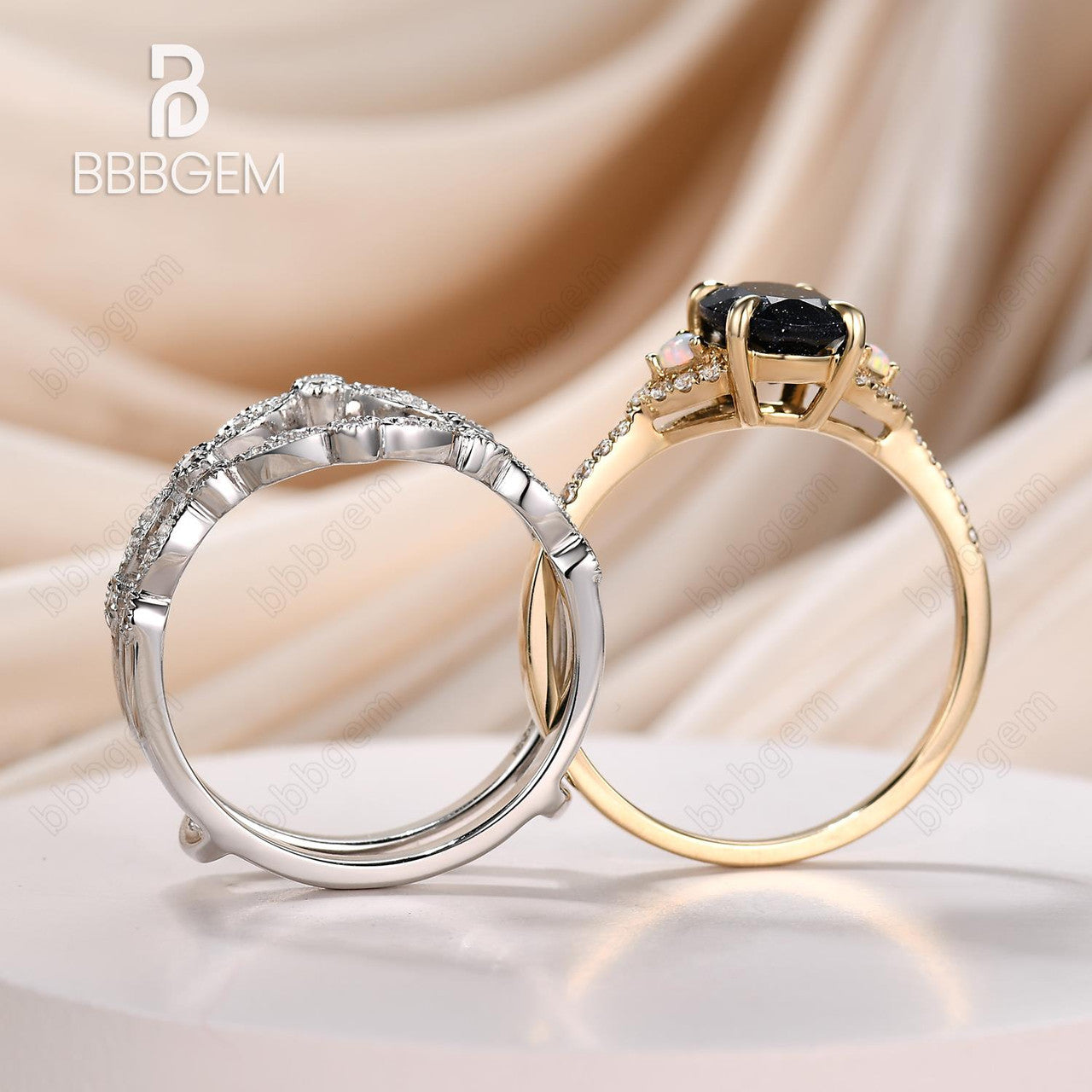 Three Stone Oval Blue Opal Wedding Ring Set in 14k White & Yellow Gold with Diamond Guard Ring Enhancer – Elegant Stackable Bridal Jewelry for Engagement, Anniversary & Special Occasions