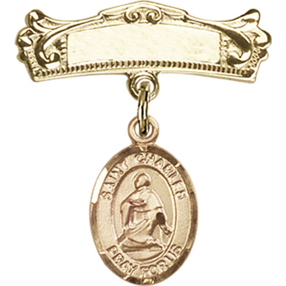 St. Charles Borromeo Gold Filled Baby Badge with Arched Polished Pin - 7/8 X 3/4 Inch - Perfect for Baptism Gifts, First Communion, and Religious Keepsakes