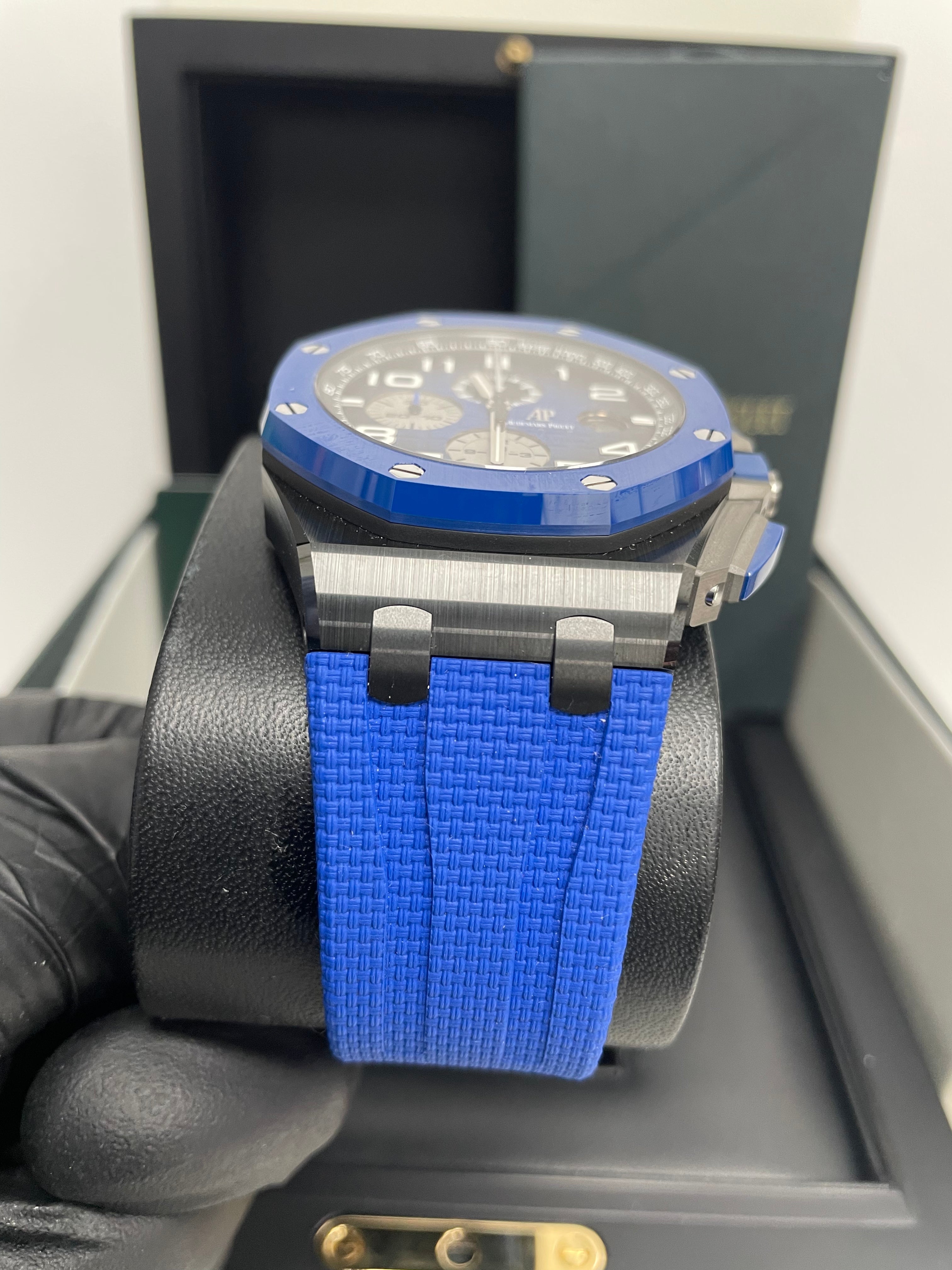 Audemars Piguet Royal Oak Offshore Selfwinding Chronograph Men's Watch - Stainless Steel Case, Blue Leather Strap, Blue Dial with White Subdials & Ceramic Bezel (Model 26405CE.OO.A030CA.01) - Luxury Sports Watch for Business, Formal Events & Collectors