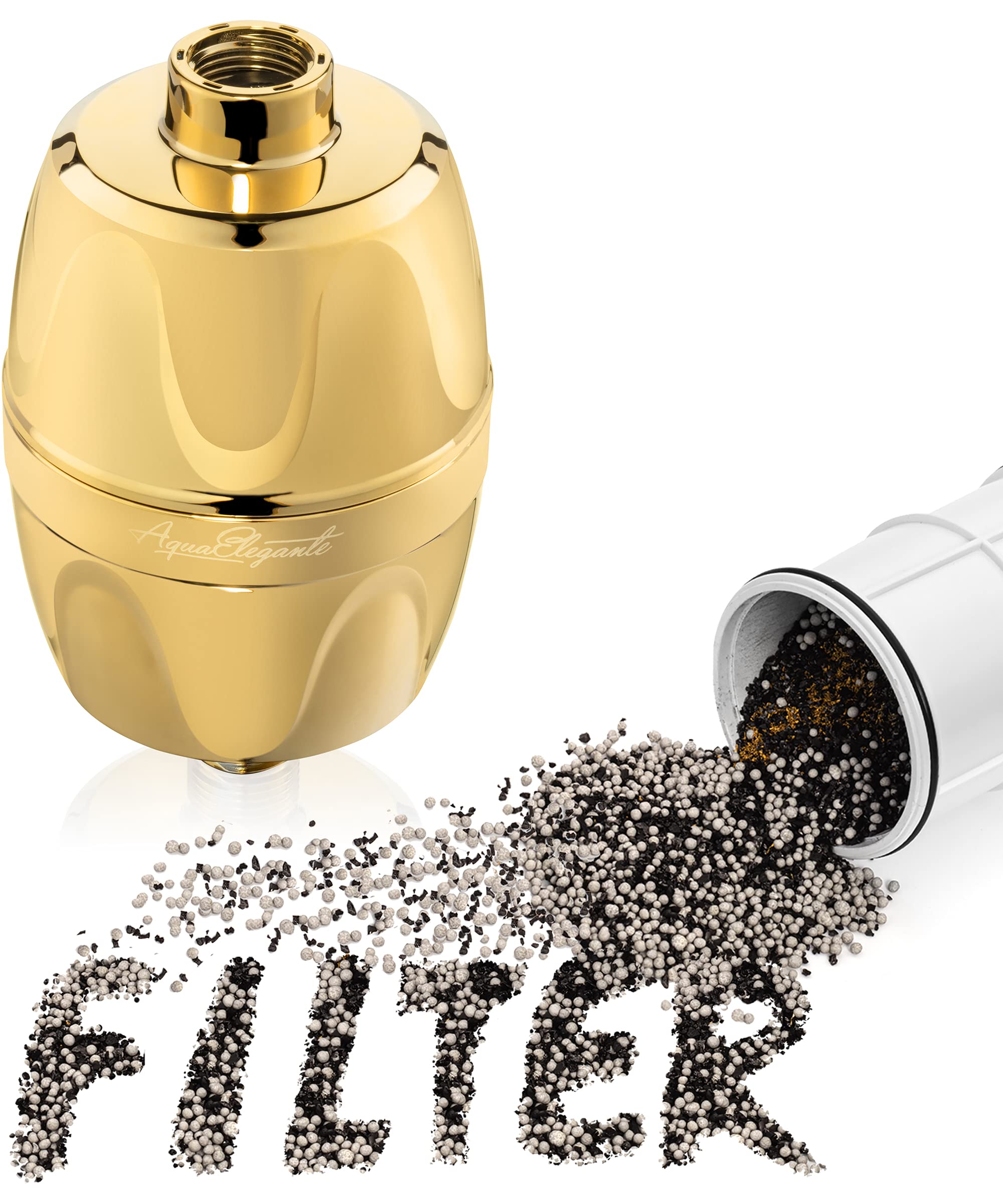 Aqua Elegante Universal Shower Water Filter with KDF-55 - Chlorine & Hard Minerals Removal System - Polished Brass Showerhead Filter for Soft Skin & Hair - Perfect for Dry Skin Relief & Spa-Like Bath Experience