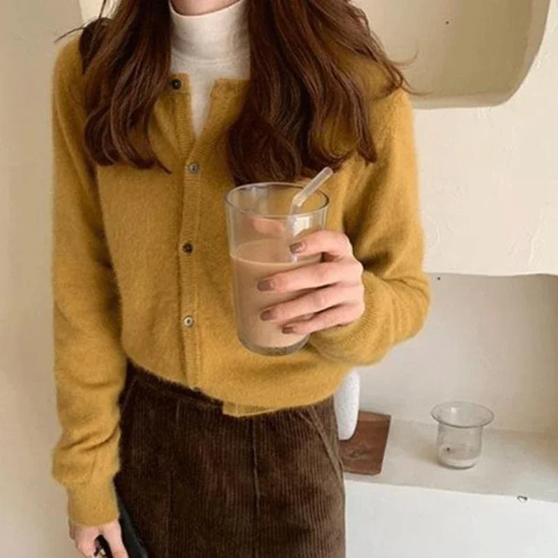 Solid Color Knitted Cardigan Round Neck Sweater for Women - Cozy Casual Pullover for Fall & Winter - Perfect for Office, Dating, and Travel