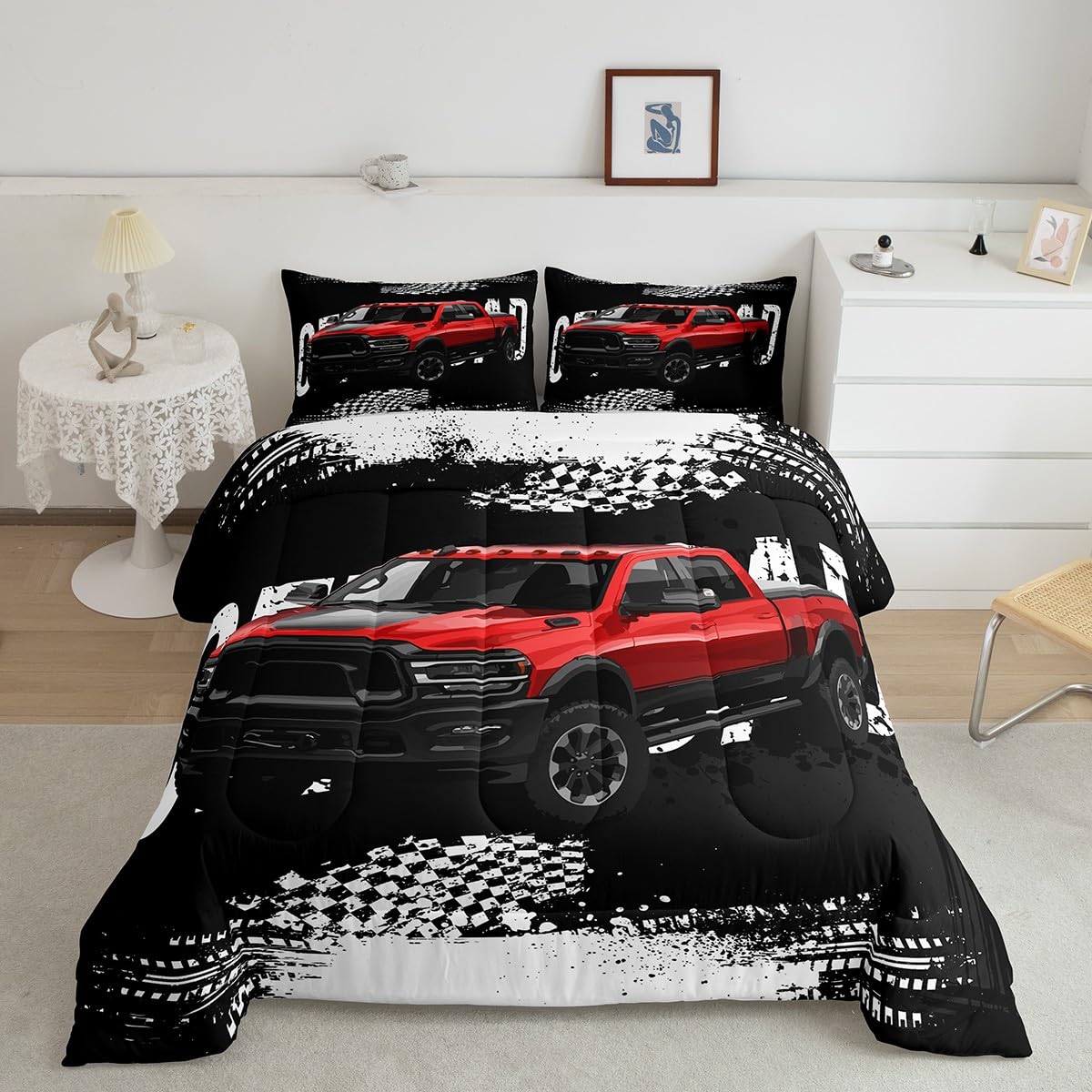 Feelyou Boys Car Comforter Set - Cool Truck Print Duvet Cover with 2 Pillowcases, Queen Size - Modern Off-Road Vehicle Bedding for Teens, Kids Room Decor & Men's Extreme Sports Theme - Perfect for Bedrooms, Dorms & Auto Enthusiast Gifts
