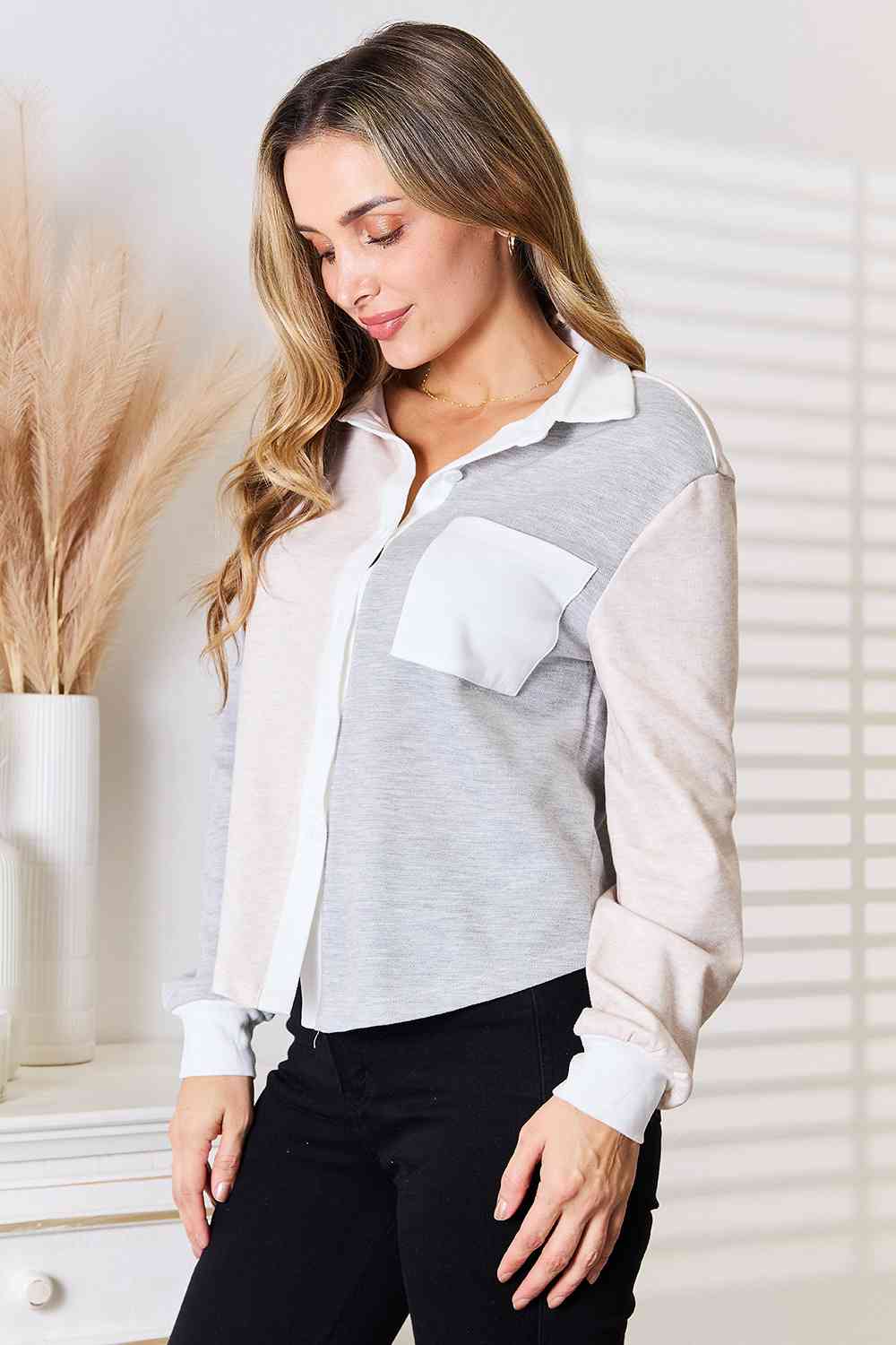 Light Grey Color Block Curved Hem Shirt for Women - Stylish Casual Blouse for Everyday Wear | Perfect for Office, Dating & Weekend Outfits