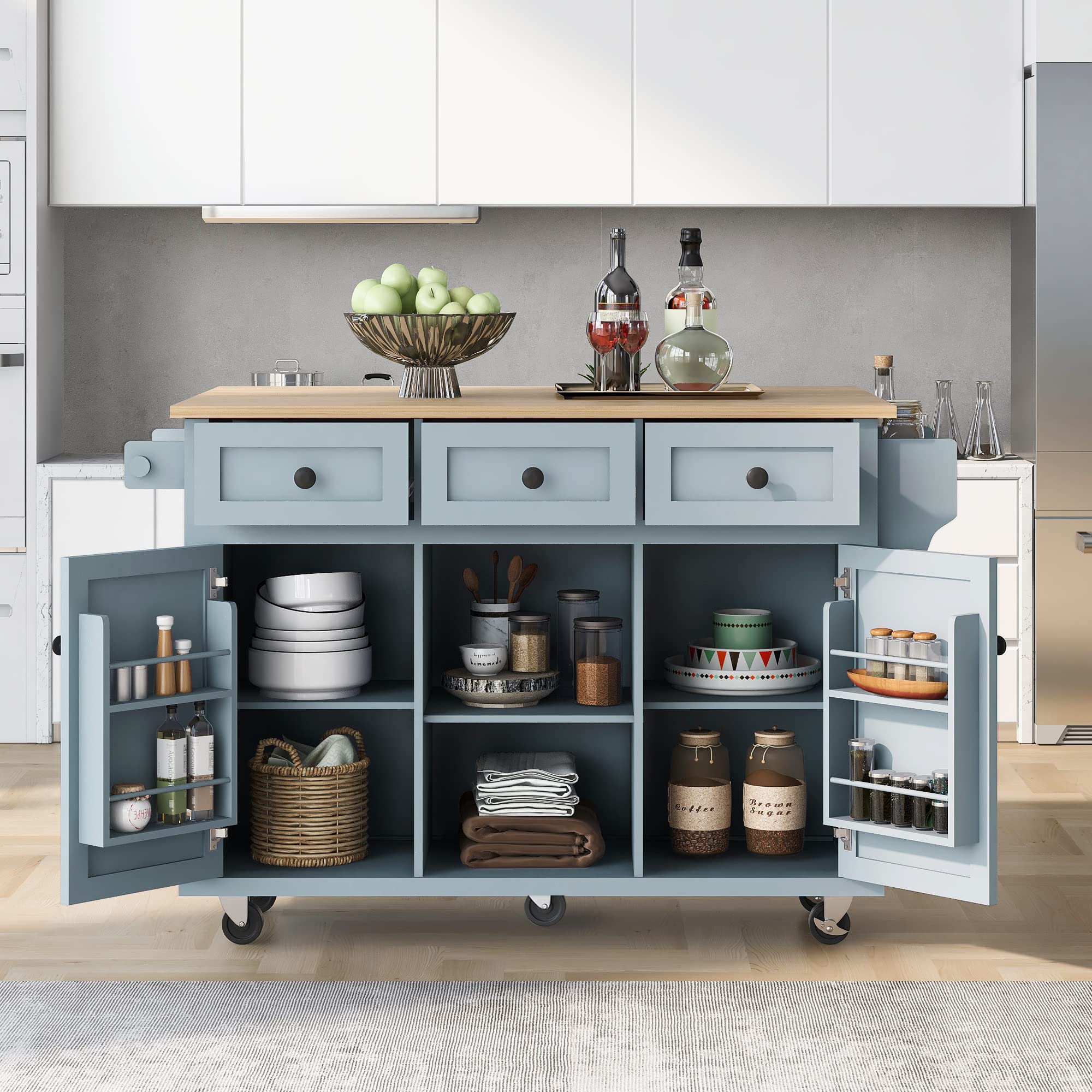 Multi-Functional Kitchen Island Cart with Drop-Leaf Cabinet, 5-Wheel Mobile Base, 3 Storage Drawers & Internal Rack - 53.1