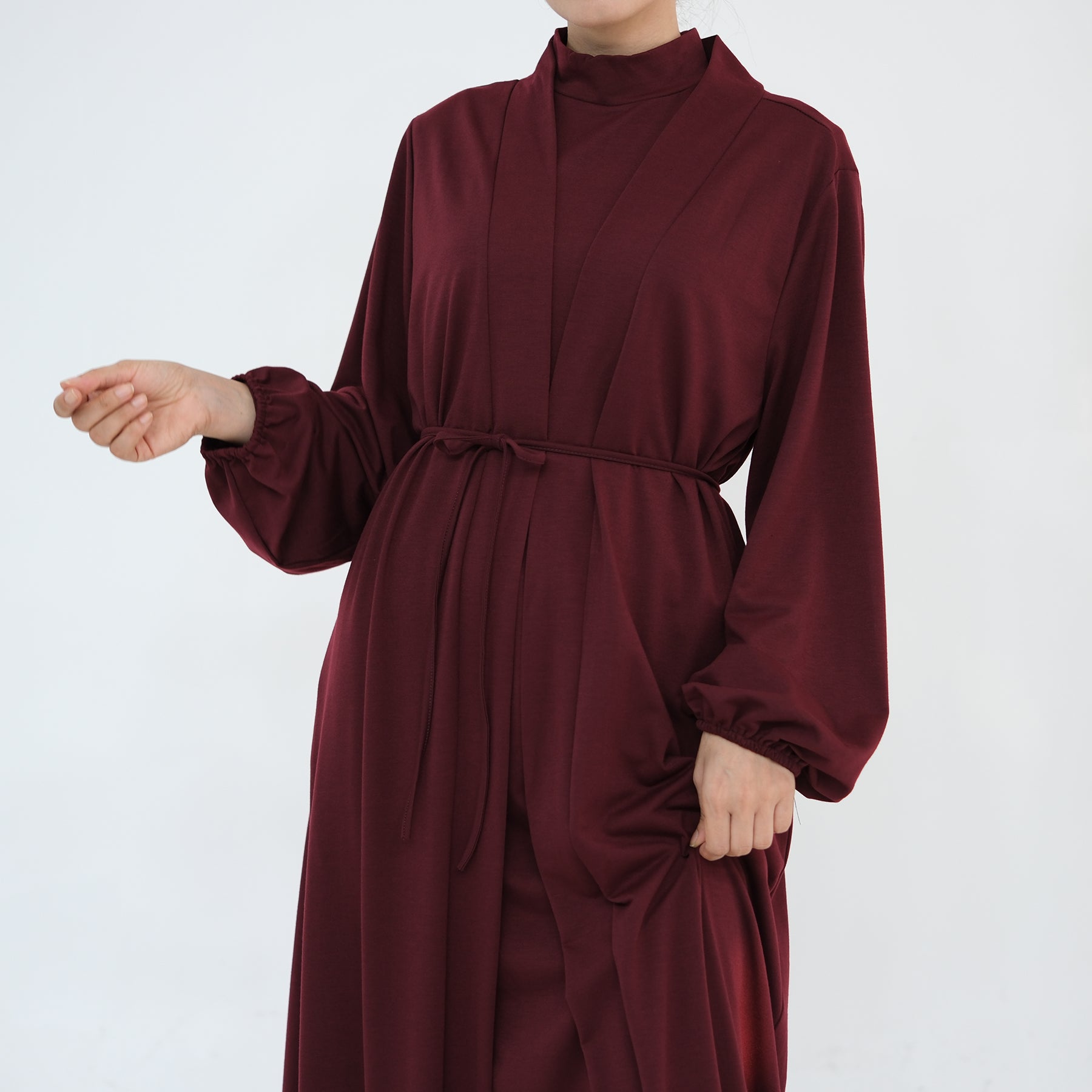 Jojo 3-Piece Modal Abaya Set in Wine Red - Premium Muslim Prayer Dress for Women, Comfortable & Breathable Islamic Clothing for Prayer, Mosque, Eid, and Special Occasions