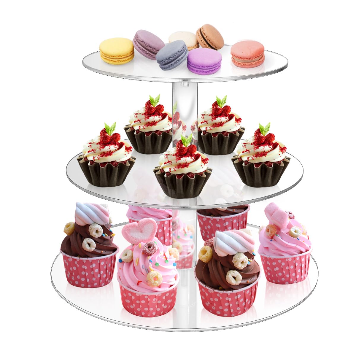 3-Tier Acrylic Cupcake Stand - Clear Round Dessert Display Tower for Birthday, Wedding, Baby Shower - Reusable Pastry Holder for Parties, Buffets & Catering Events