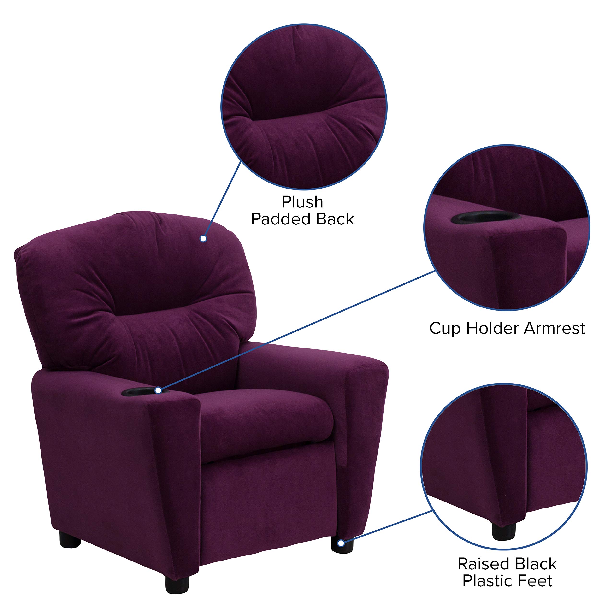 BizChair Purple Microfiber Kids Recliner with Cup Holder - Comfortable Children's Lounge Chair for Bedroom, Playroom & TV Watching