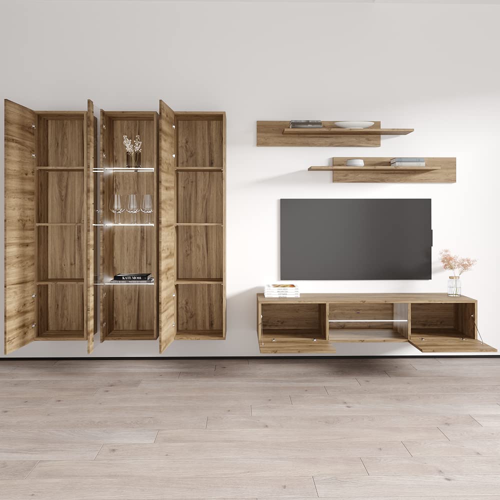 Modern Floating TV Stand with Storage & LED Lights - Wall-Mounted Entertainment Center for Living Room & Bedroom - Oak Wood TV Console with Shelves - Perfect for Small Spaces & Home Theater Setup
