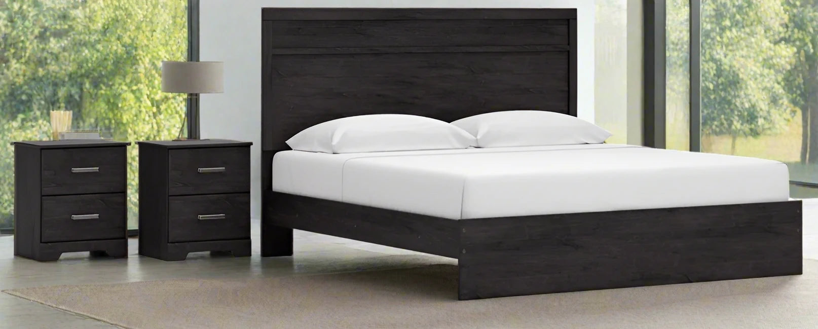 Belachime King Size Panel Bed Frame with 2 Nightstands - Modern Wooden Bedroom Set for Master Bedroom & Guest Room