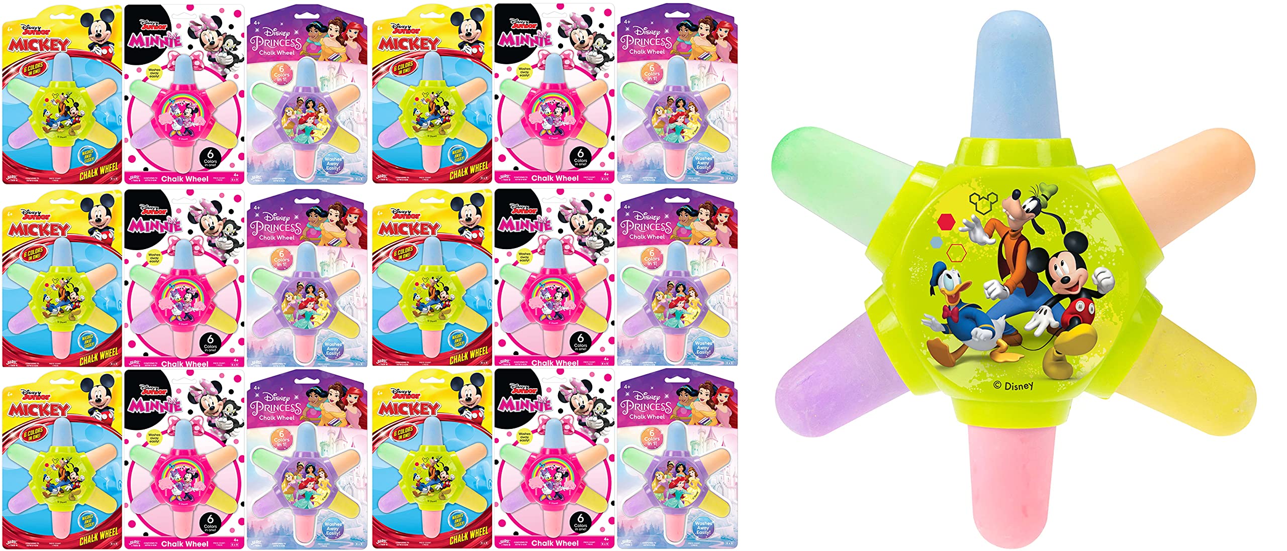 Disney Princess & Mickey Mouse Jumbo Sidewalk Chalk Set for Kids - 24 Pack with Chalk Holder Wheel, 6 Vibrant Colors, Washable & Non-Toxic - Perfect for Outdoor Play, Driveway Art, and Classroom Activities (ABC-7809-24)