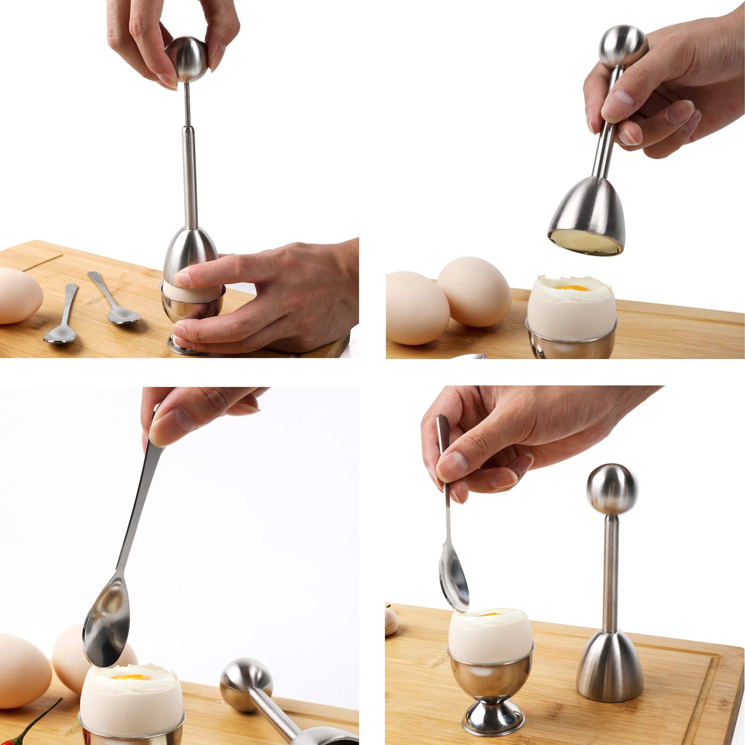 Stainless Steel Egg Cutter Topper Set - Soft/Hard Boiled Egg Cracker with 2 Cups, 2 Spoons & Shell Separator - Perfect for Breakfast Meal Prep, Salad Topping & Kitchen Cooking Tools
