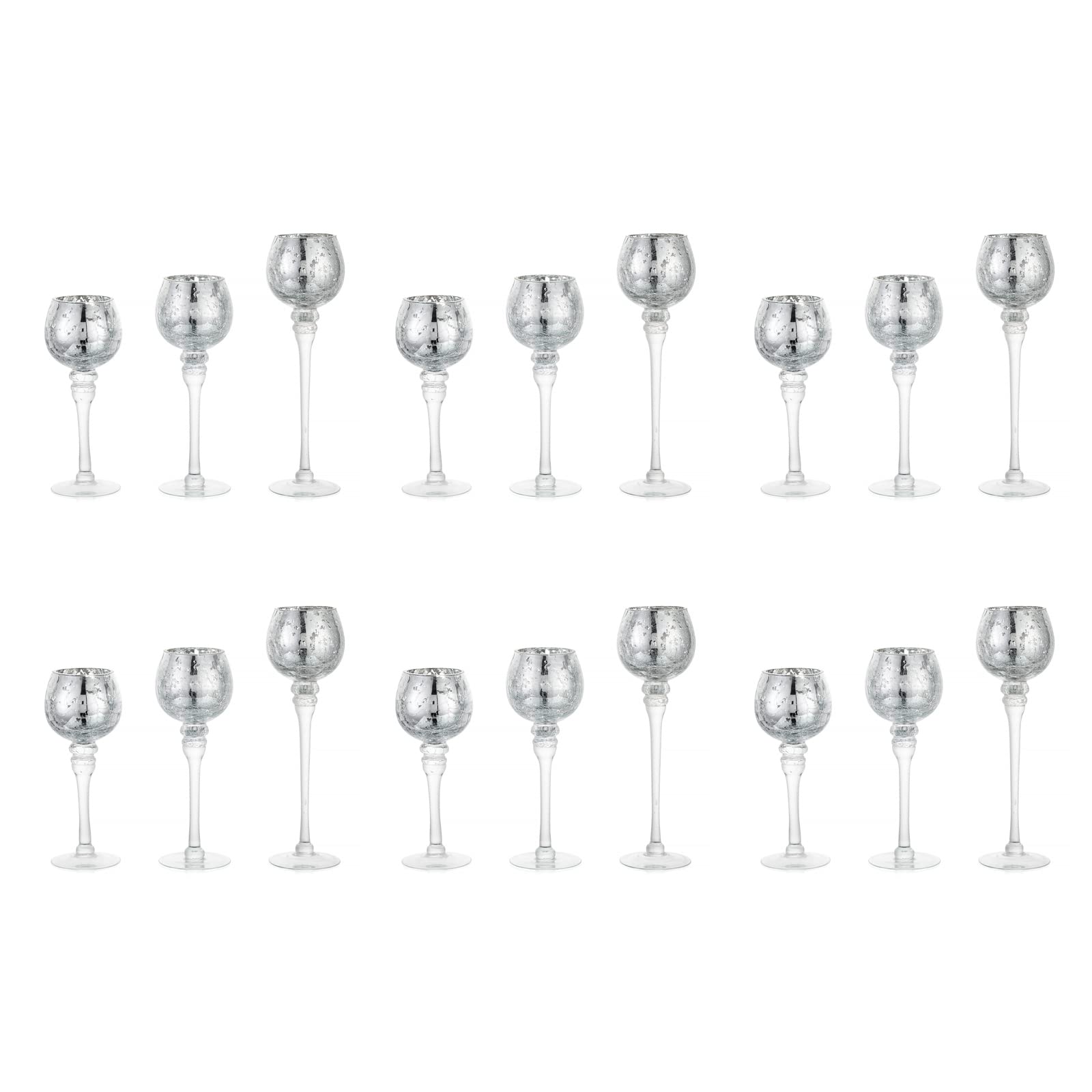 18-Piece Long Stem Silver Crackle Glass Candle Holders Set - Tall Tea Light Holders, Mercury Glass Pillar Candle Holders for Centerpieces, Weddings, Parties & Home Decor - Perfect for Dining Tables, Mantels & Holiday Decorations