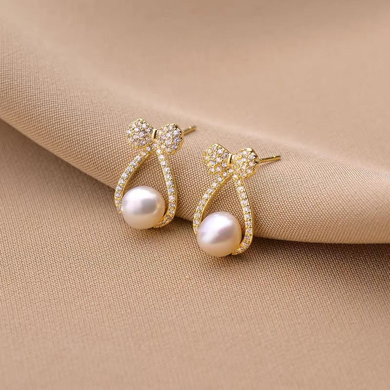 Classic Pearl Bow Ribbon Stud Earrings for Women | Elegant Dainty Jewelry Gift for Her | Perfect for Weddings, Parties & Everyday Wear (D3006)