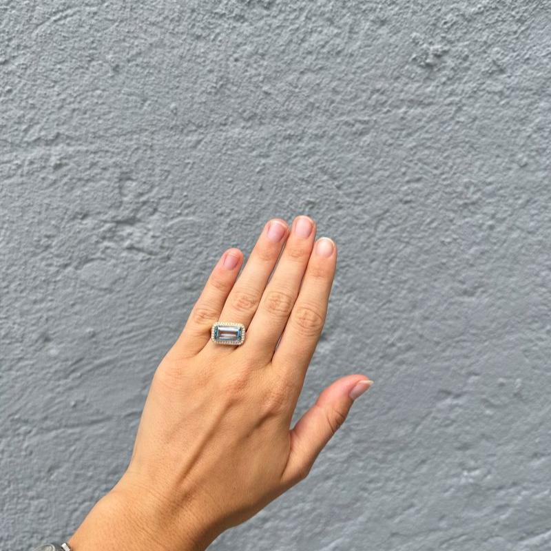 Emerald Cut Blue Topaz & Pavé Diamond Halo 18K Yellow Gold Ring for Women - Elegant Engagement, Wedding, Anniversary Jewelry Gift