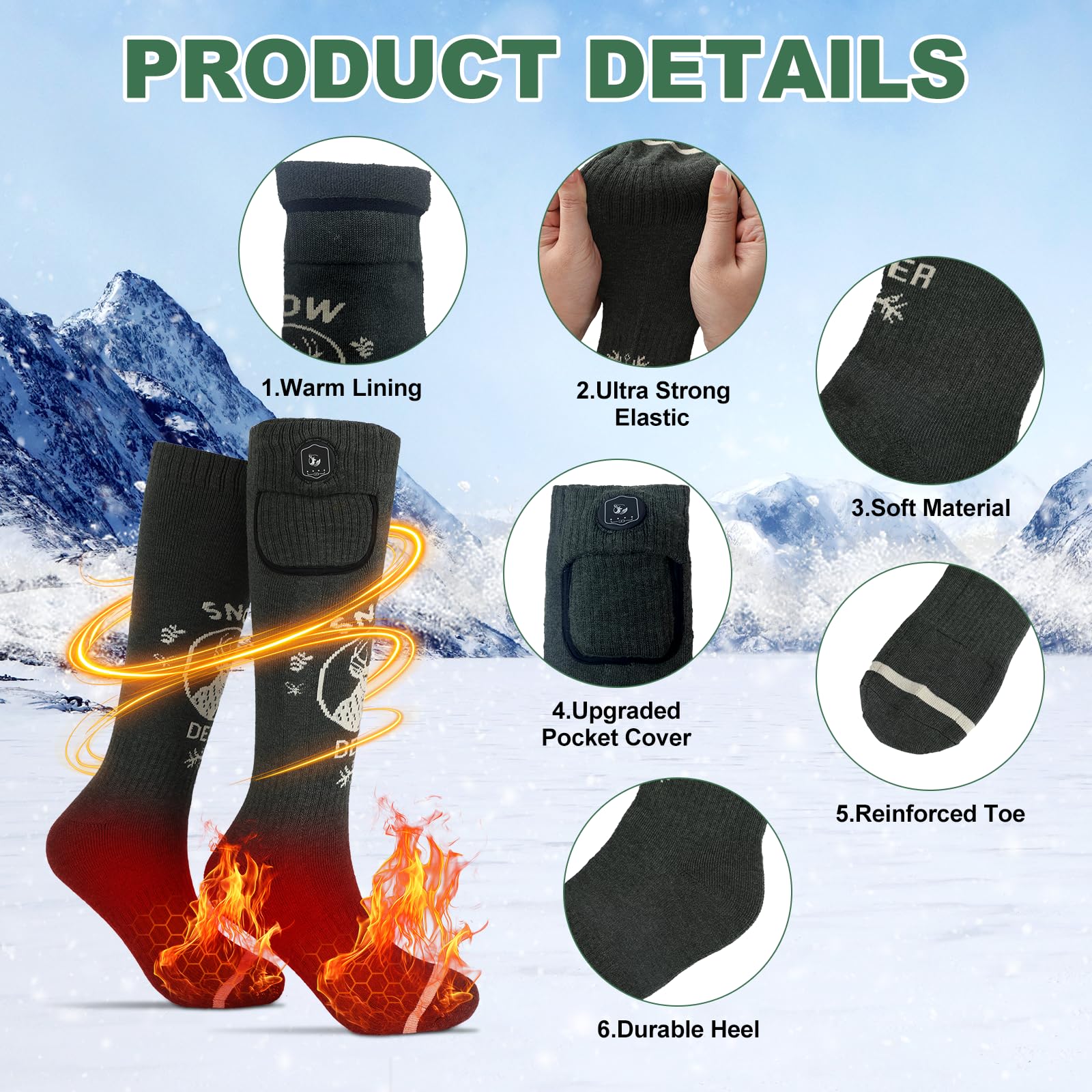 SNOW DEER Heated Socks for Men & Women - 7.4V Rechargeable Battery Electric Warm Socks for Winter - Perfect for Hunting, Fishing, Camping, Hiking & Skiing - Keep Your Feet Toasty in Cold Weather