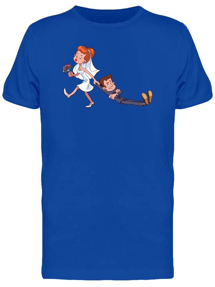 Funny Men's T-Shirt with Bride Dragging Broom Design - Perfect for Bachelor Parties, Groom Gifts & Wedding Humor