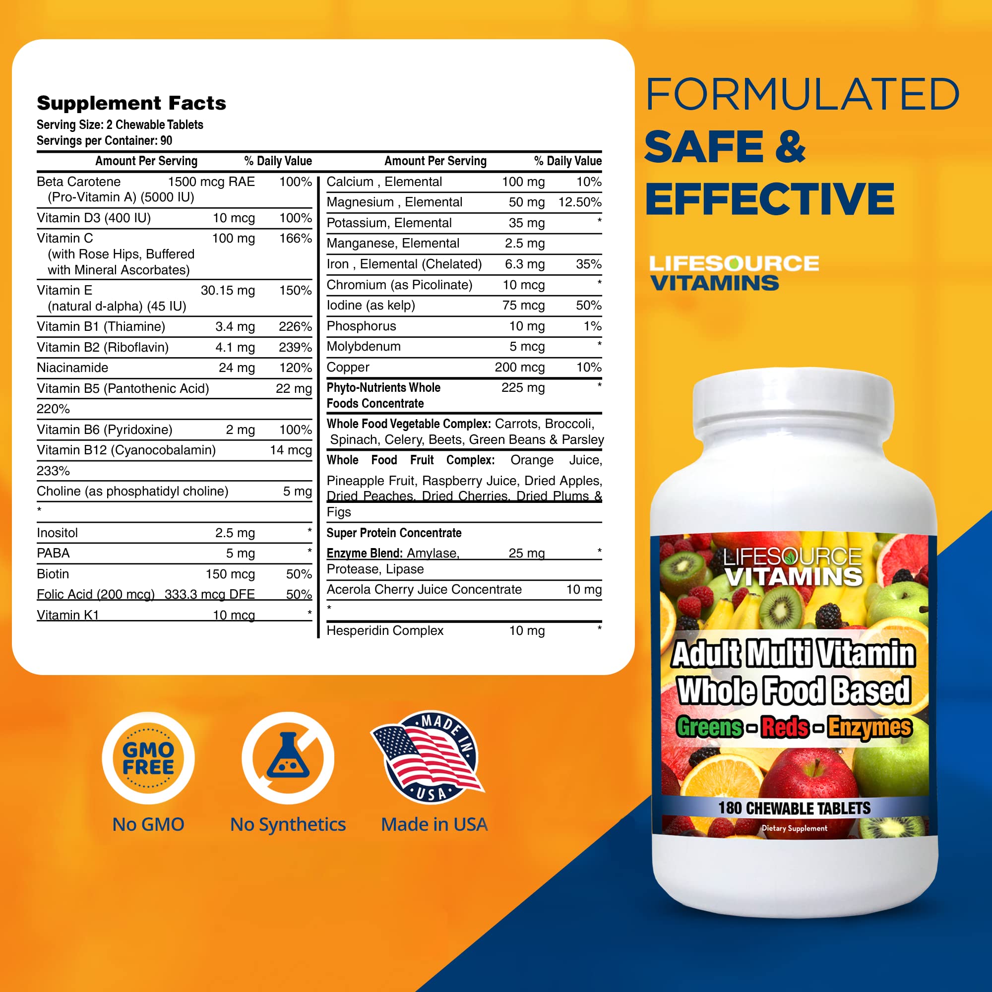 LifeSource Vitamins Adult Multi Vitamin – Whole Food Based Immune Support with Phyto Greens & Reds – 180 Chewable Tablets for Adults & Seniors – Daily Wellness & Energy Boost for Active Lifestyles