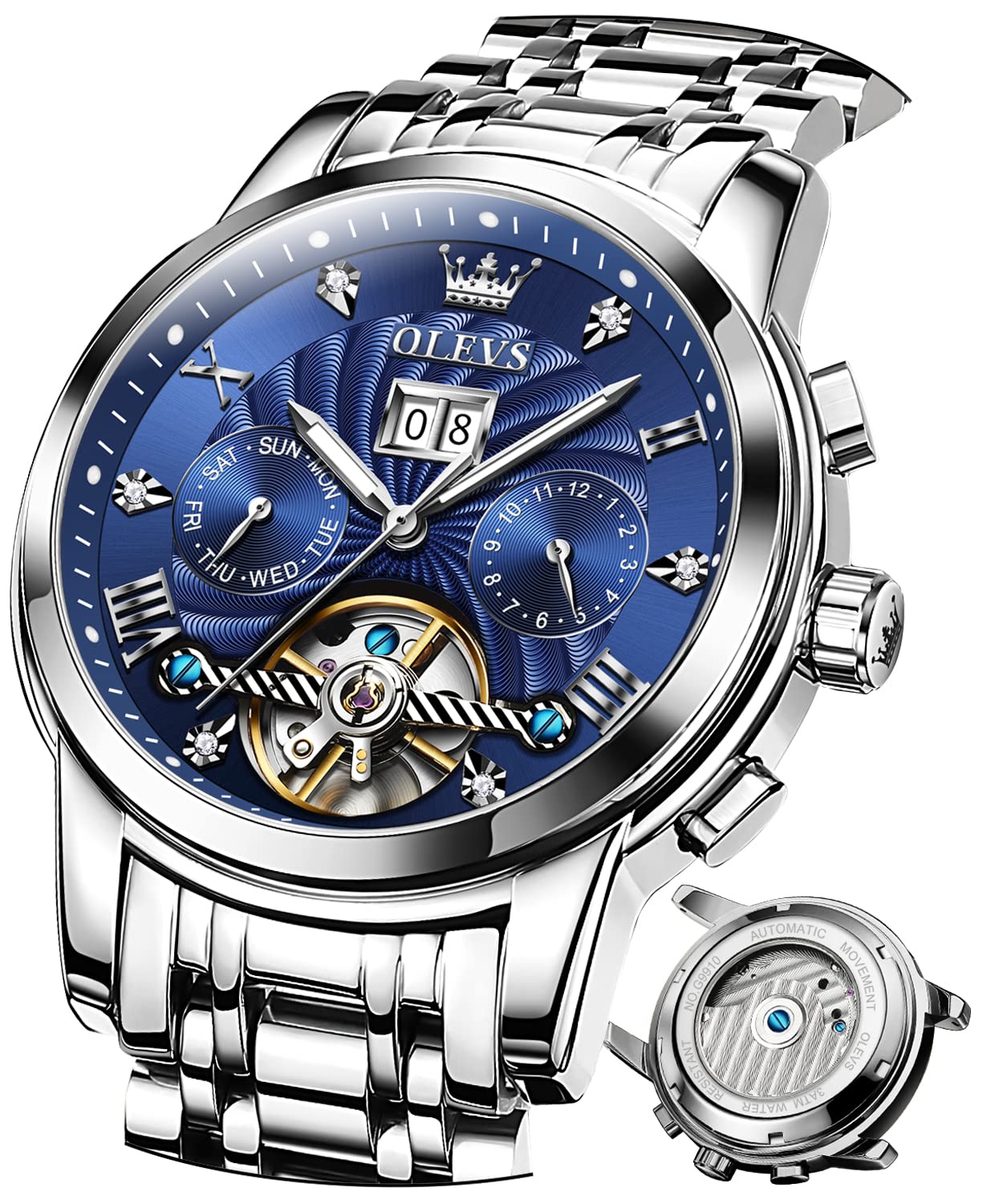 OLEVS Men's Automatic Skeleton Watch - Self Winding Mechanical Watch with Luminous Hands, Waterproof, Diamond Accents, Day/Date Display - Perfect for Business, Dress & Formal Occasions