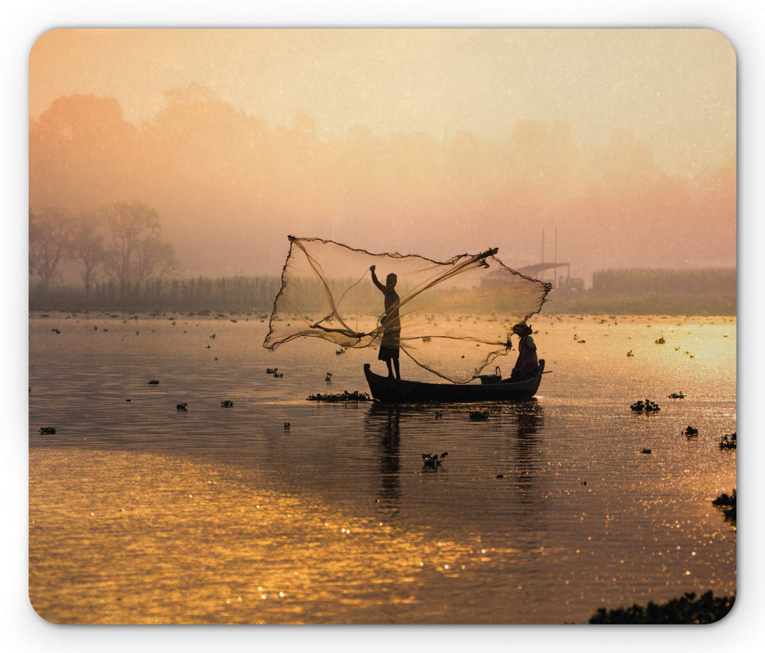 Lunarable Landscape Mouse Pad - Fishermen at Sunrise with Net Catching Fish, River Sunbeams Boat on Water Trees - Non-Slip Rubber Mousepad for Office & Gaming - Standard Size Rectangle Mouse Mat in Multicolor - Perfect for Computer Workstations & Home Desks