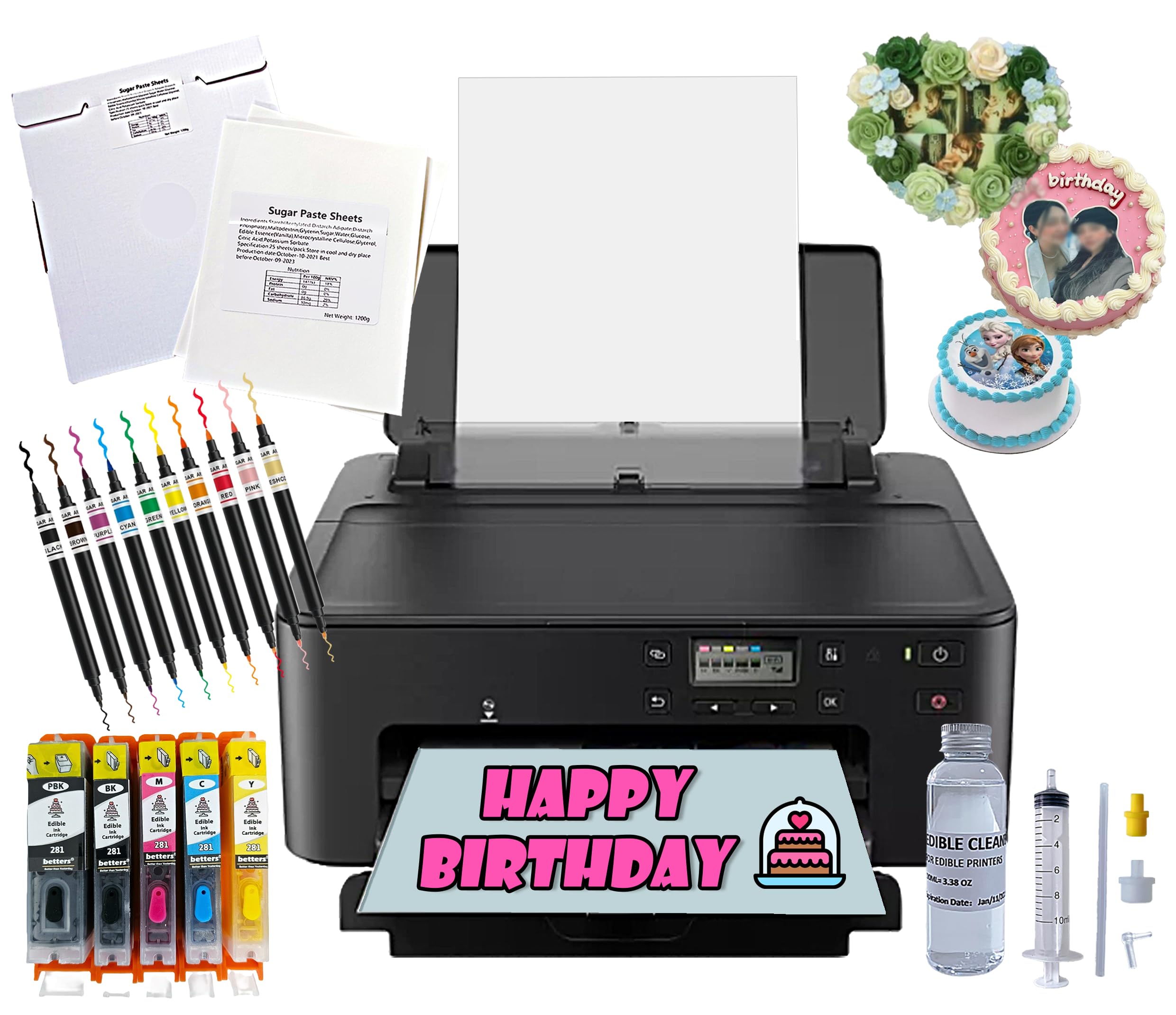 Newest Cake Topper Image Printer Set - Ink Cartridge, 25 Edible Frosting Sheets, 10 Food Coloring Pens & Cleaning Tools Kit | Perfect for Birthday Cakes, Wedding Desserts, and Custom Edible Printing