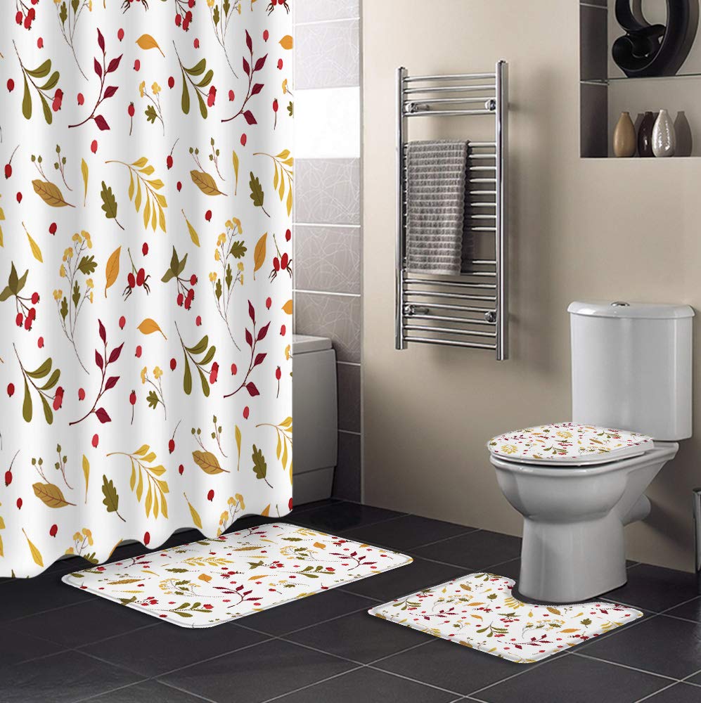 4PCS Non-Slip Bathroom Mat Set - Autumn Floral Yellow Leaves & Red Christmas Berries Design, Shower Curtain Rugs & Toilet Seat Cover for Cozy Home Decor | Perfect for Bathroom, Shower, and Holiday Season Decorating